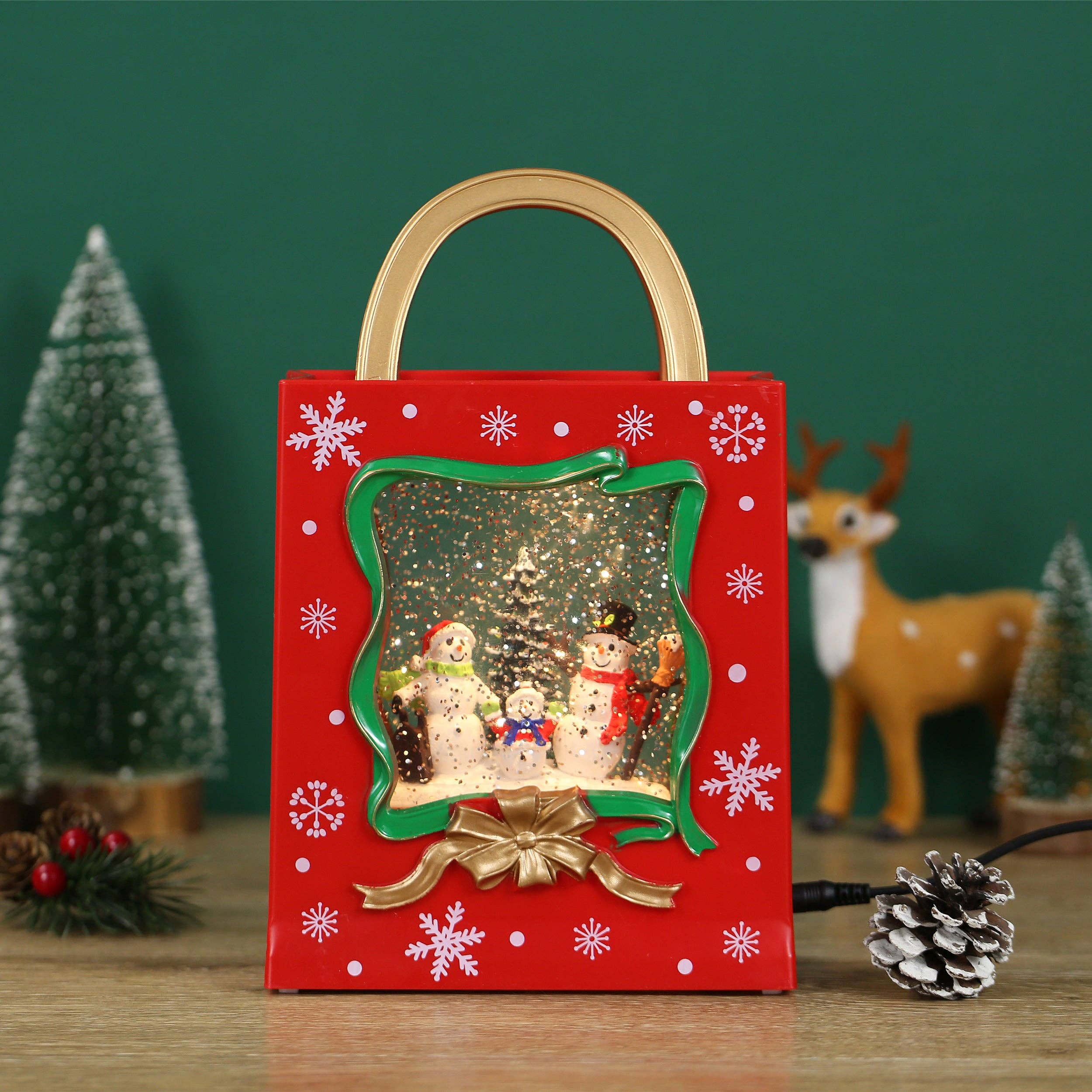 Christmas Musical Red Gift Bag Snow Globe Lantern with Snowman Family Scene for Christmas Decoration - Image 9