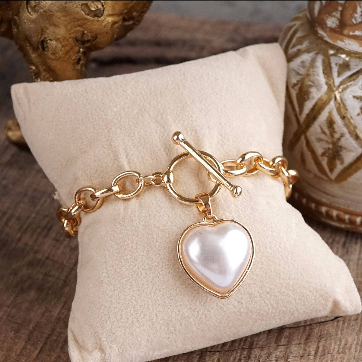 Pearlized Puffy Heart Toggle Chain Bracelet in Gold - Image 2