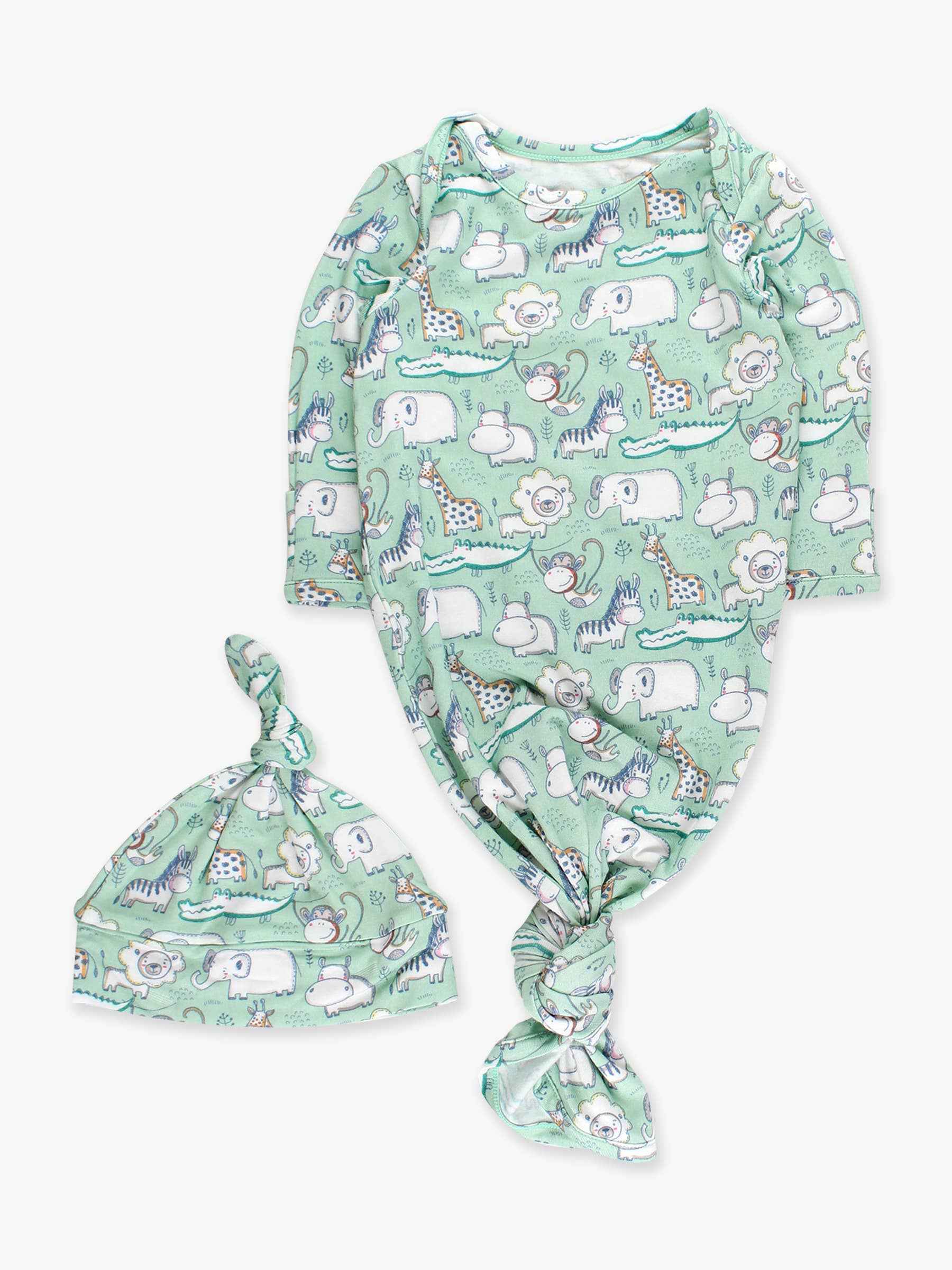 Baby Bamboo Viscose Sage Safari Sleep Gown & Hat Set: Green / Newborn-3m