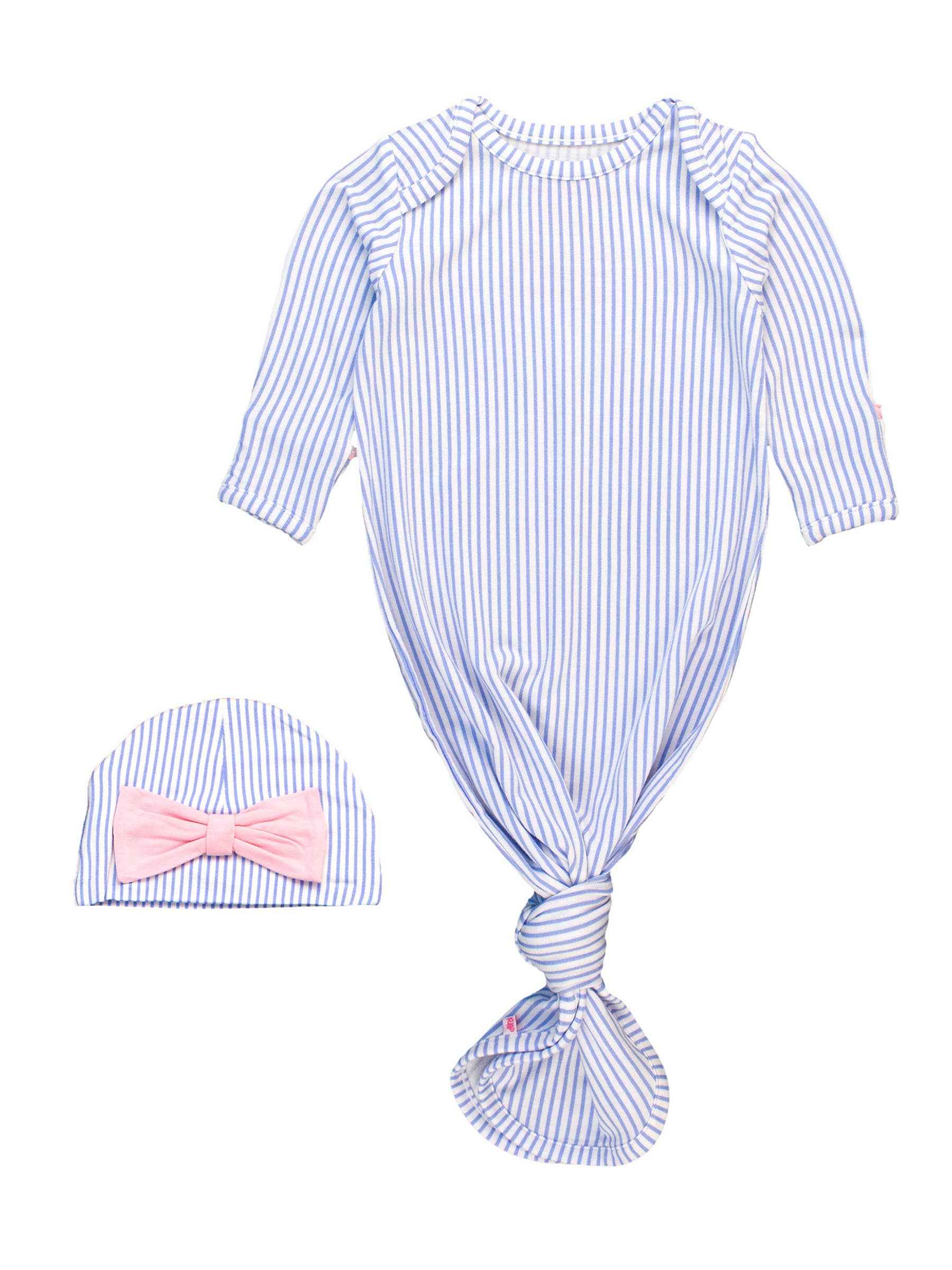 Baby Girls Bamboo Periwinkle & White Ruffle Knotted Sleep Gown & Bow Hat Set: Newborn-3m