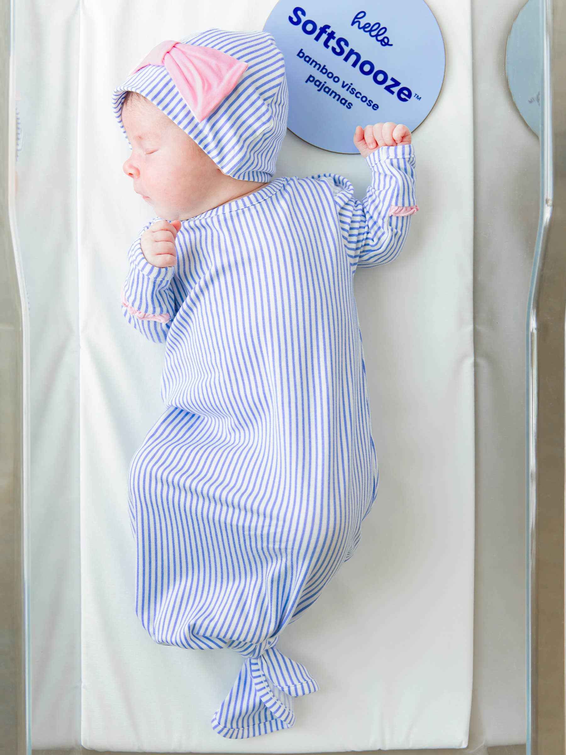 Baby Girls Bamboo Periwinkle & White Ruffle Knotted Sleep Gown & Bow Hat Set: Newborn-3m - Image 2