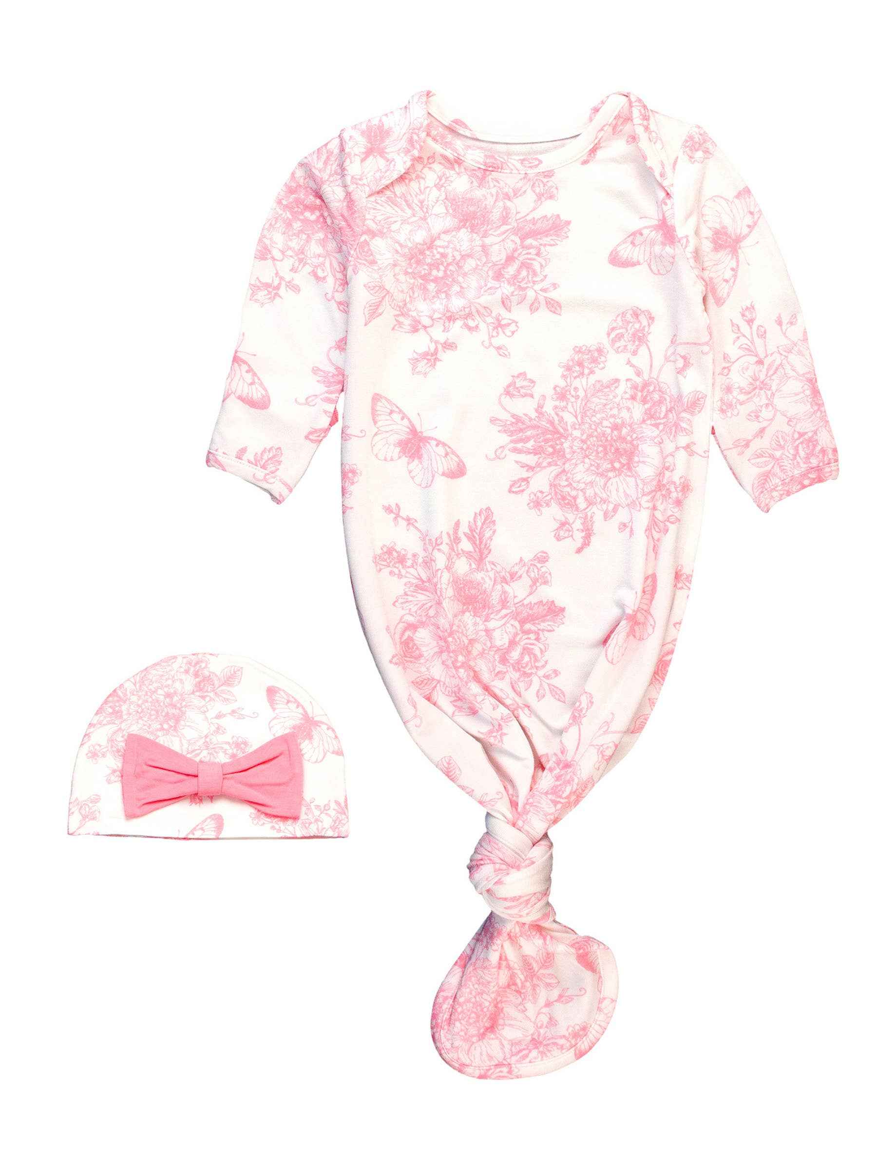 Baby Girls Bamboo Pink Butterfly Knotted Sleep Gown & Bow Hat Set: Newborn-3m