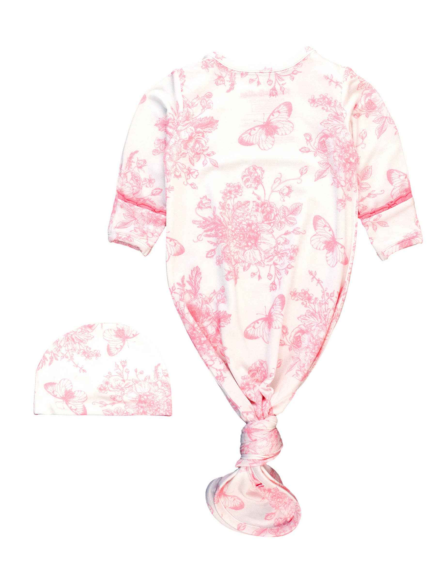 Baby Girls Bamboo Pink Butterfly Knotted Sleep Gown & Bow Hat Set: Newborn-3m - Image 3