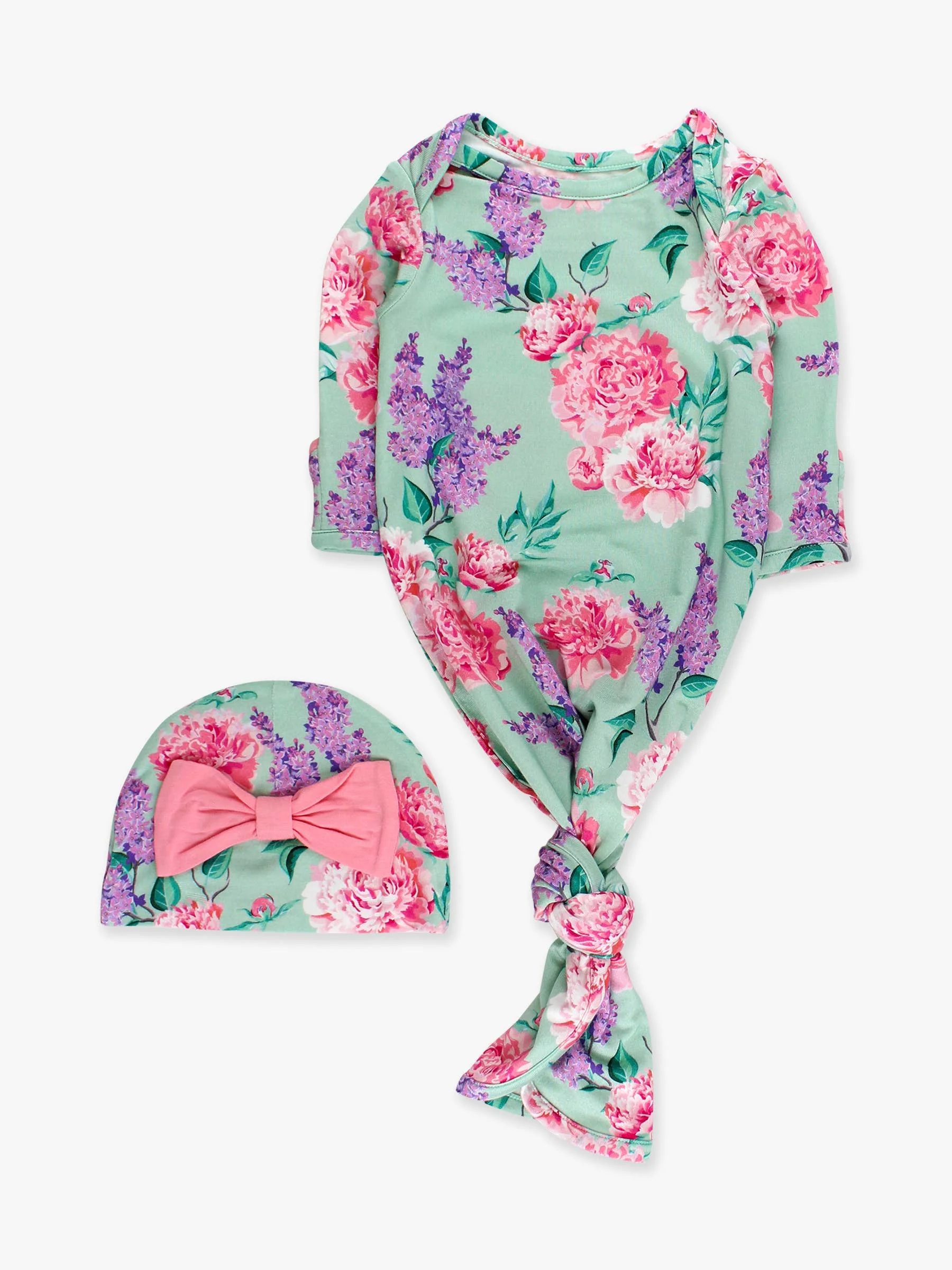 Baby Girls Bamboo Sage Knotted Sleep Gown & Bow Hat Set: Green / Newborn-3m - Image 6