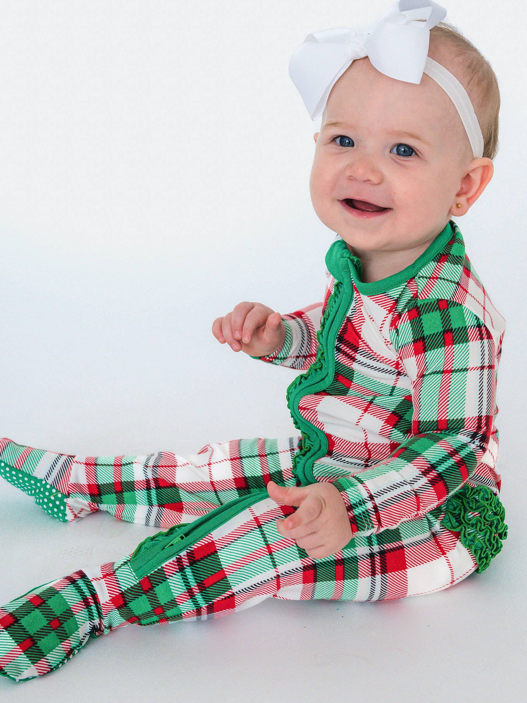 Baby Girls Cotton Dreams Plaid Footed Ruffle One Piece Pajama: White - Image 5