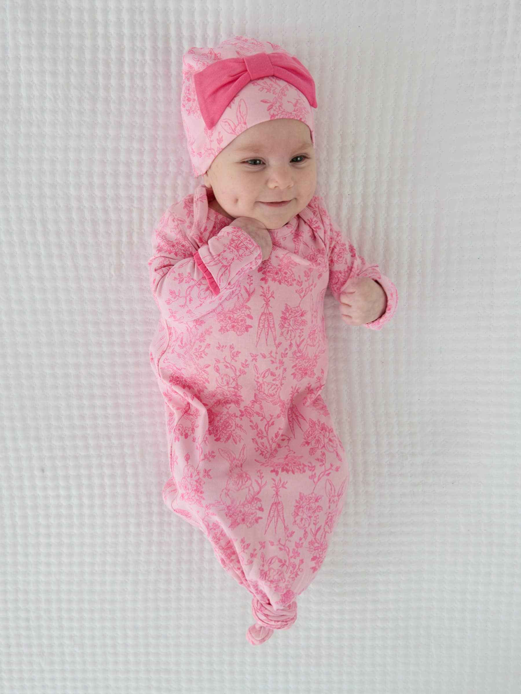 Baby Girls Cotton Modal Pink Knotted Sleep Gown & Bow Hat Set: Pink / Newborn-3m