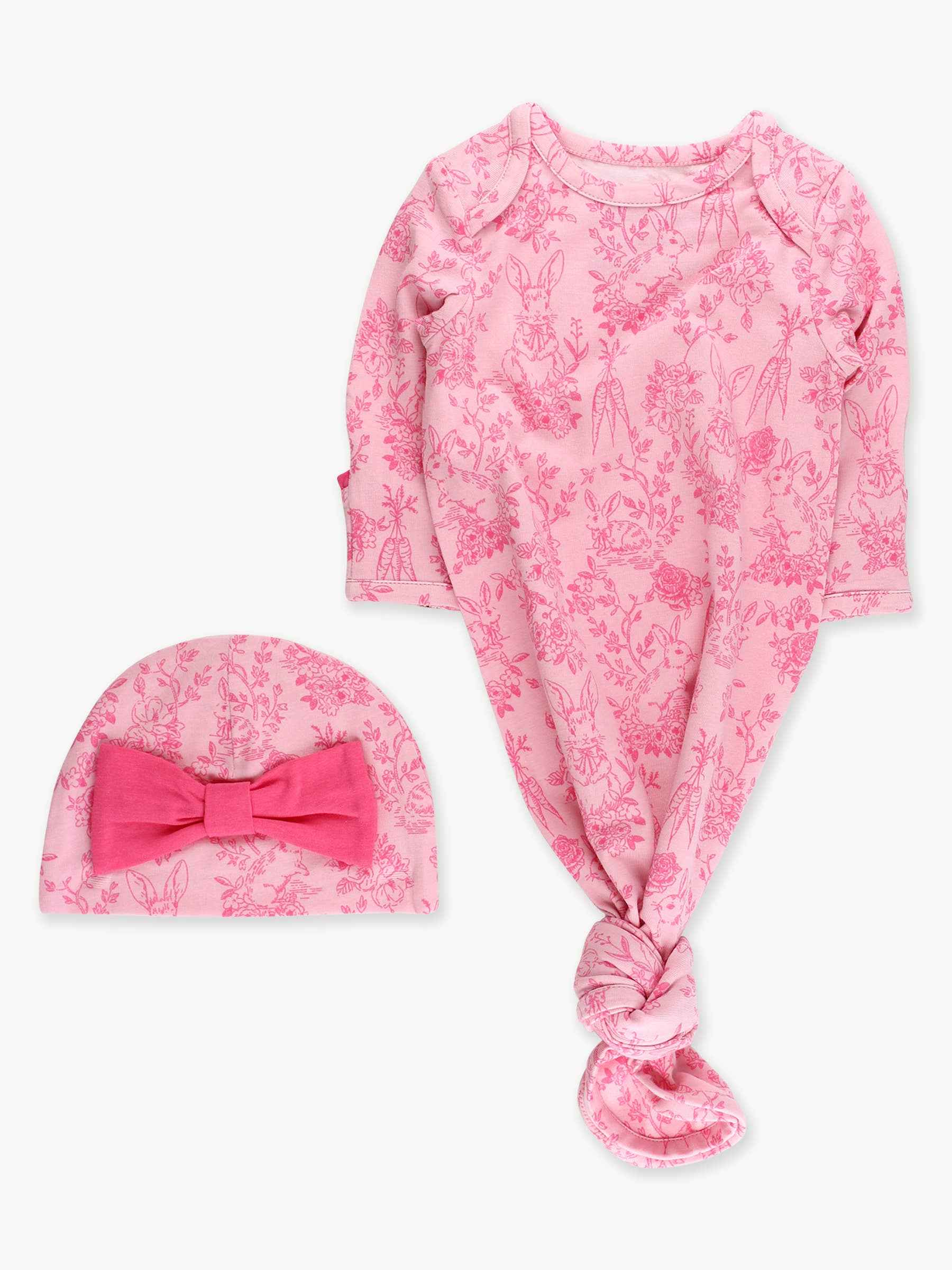Baby Girls Cotton Modal Pink Knotted Sleep Gown & Bow Hat Set: Pink / Newborn-3m - Image 2