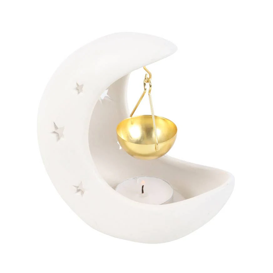 White Crescent Moon Oil Burner with Metal Dish - Image 2