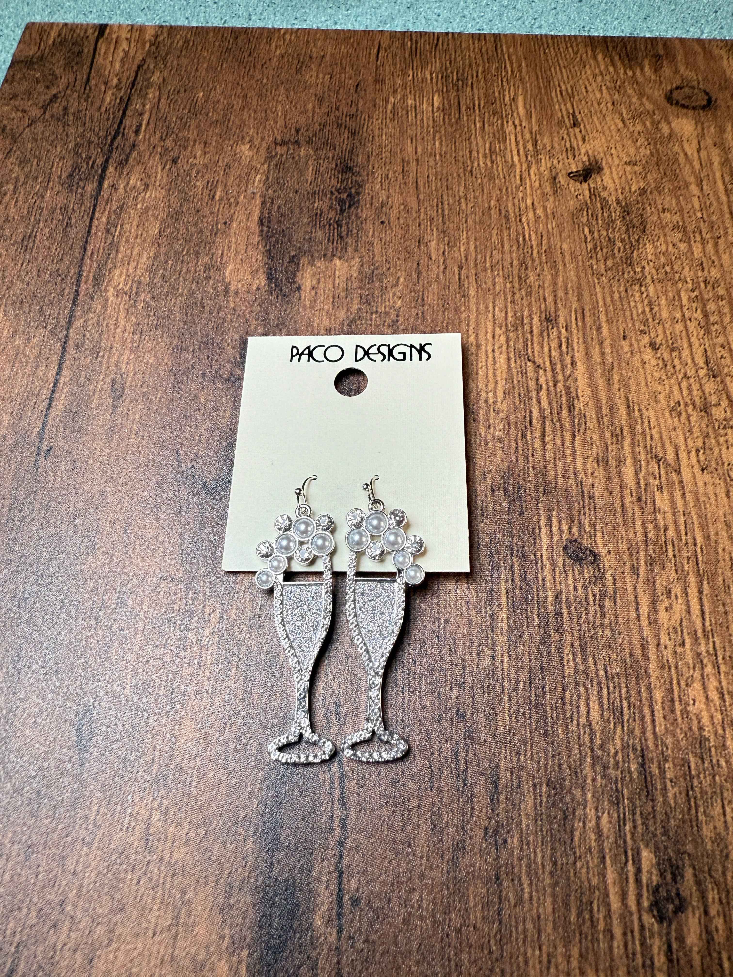 Sparkly Silver Champagne Flute Earrings with Pearls