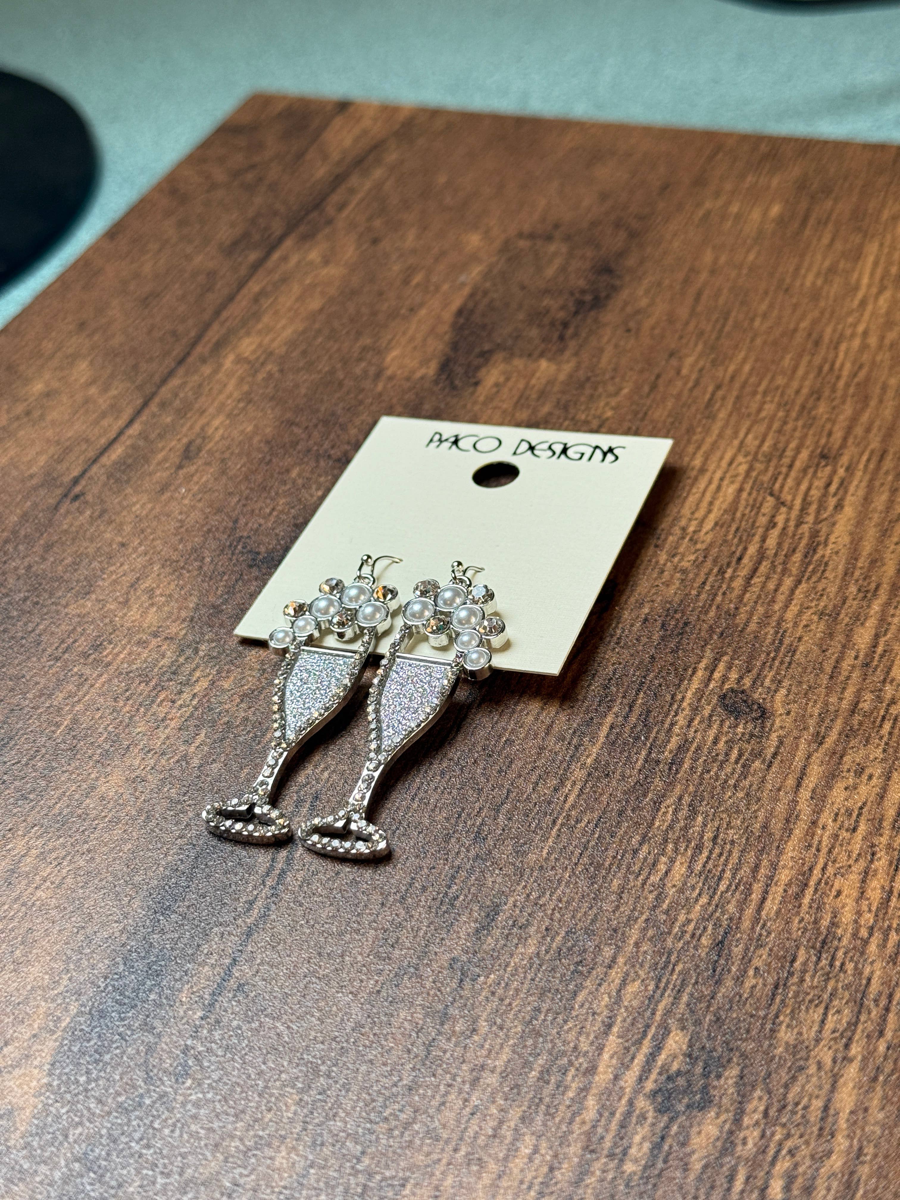 Sparkly Silver Champagne Flute Earrings with Pearls - Image 5