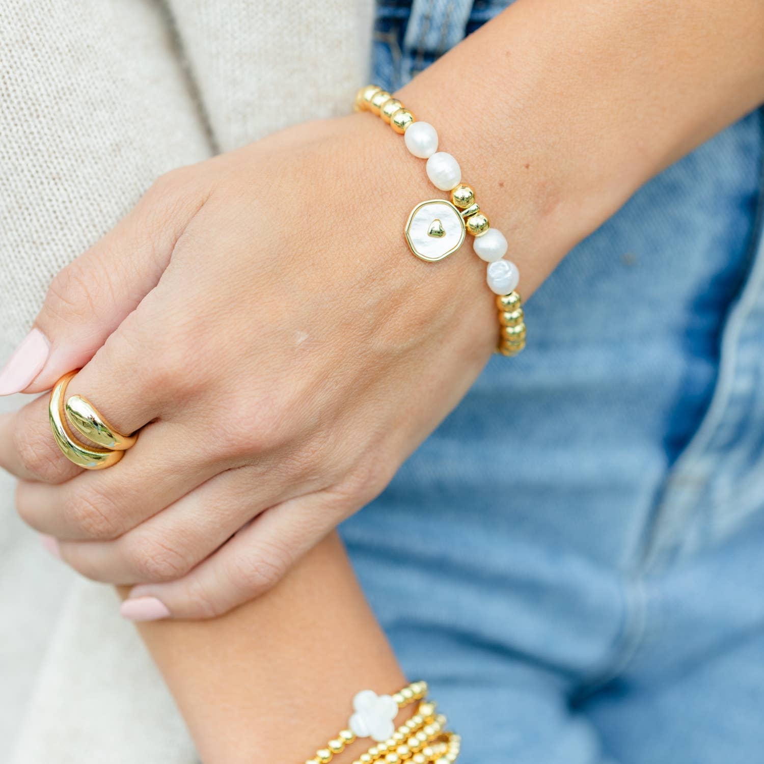 Heart + Pearls Stretch Charm Bracelet - Image 2