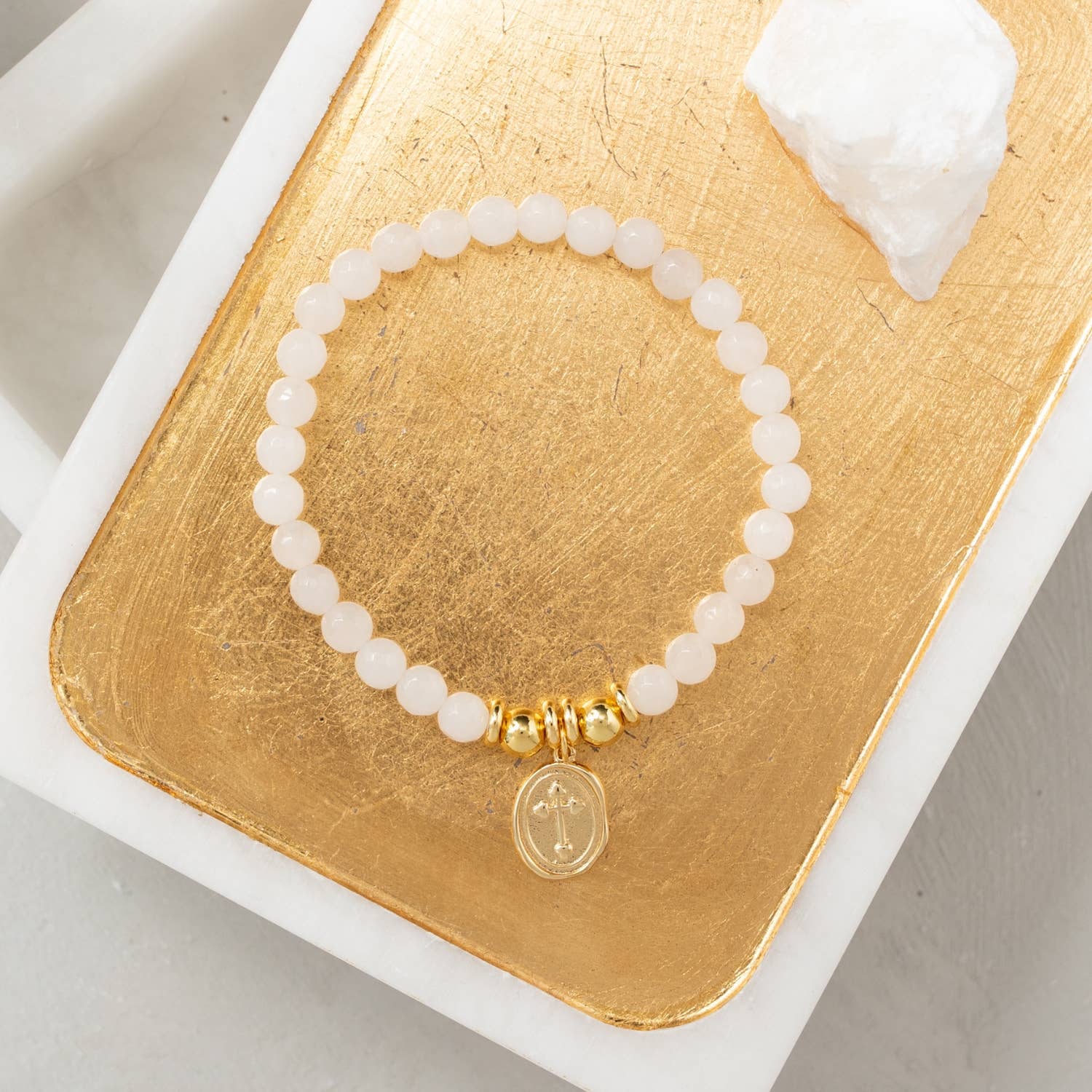 Stretch Stone Bracelet With Oval Cross Charm - Image 2