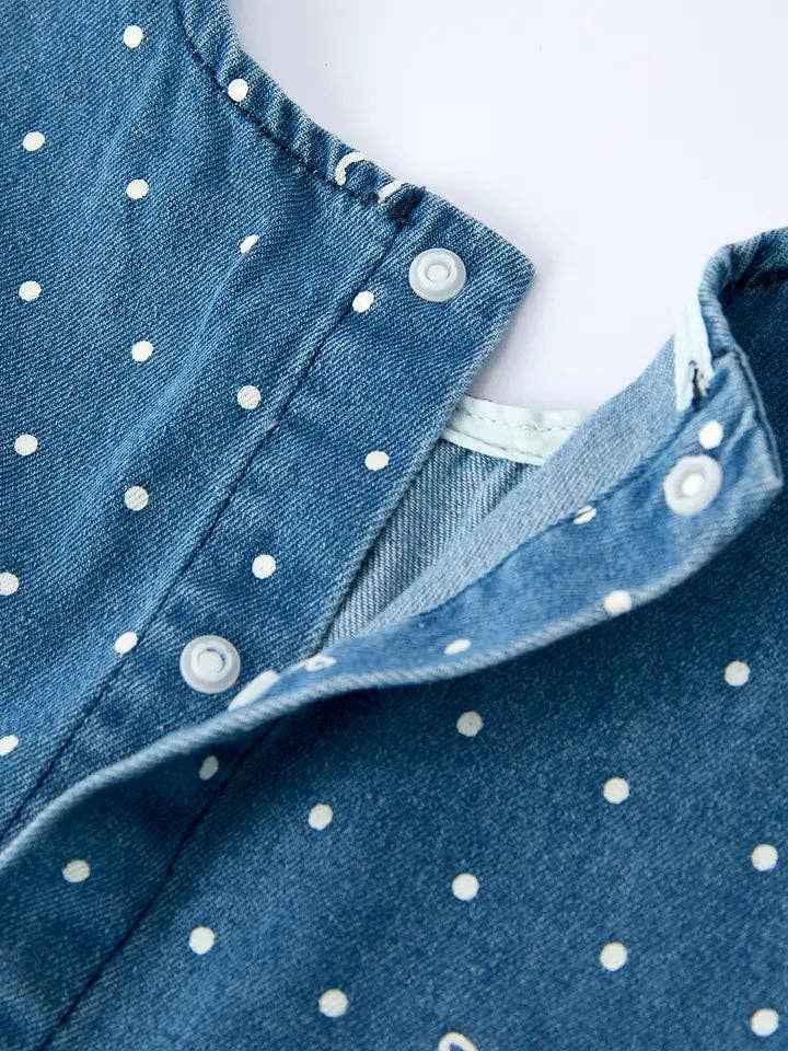 Spring Bow Dot Denim Ruffle Top and Pants Set 3/4 Pants - Image 4
