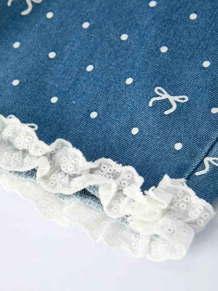 Spring Bow Dot Denim Ruffle Top and Pants Set 3/4 Pants - Image 5