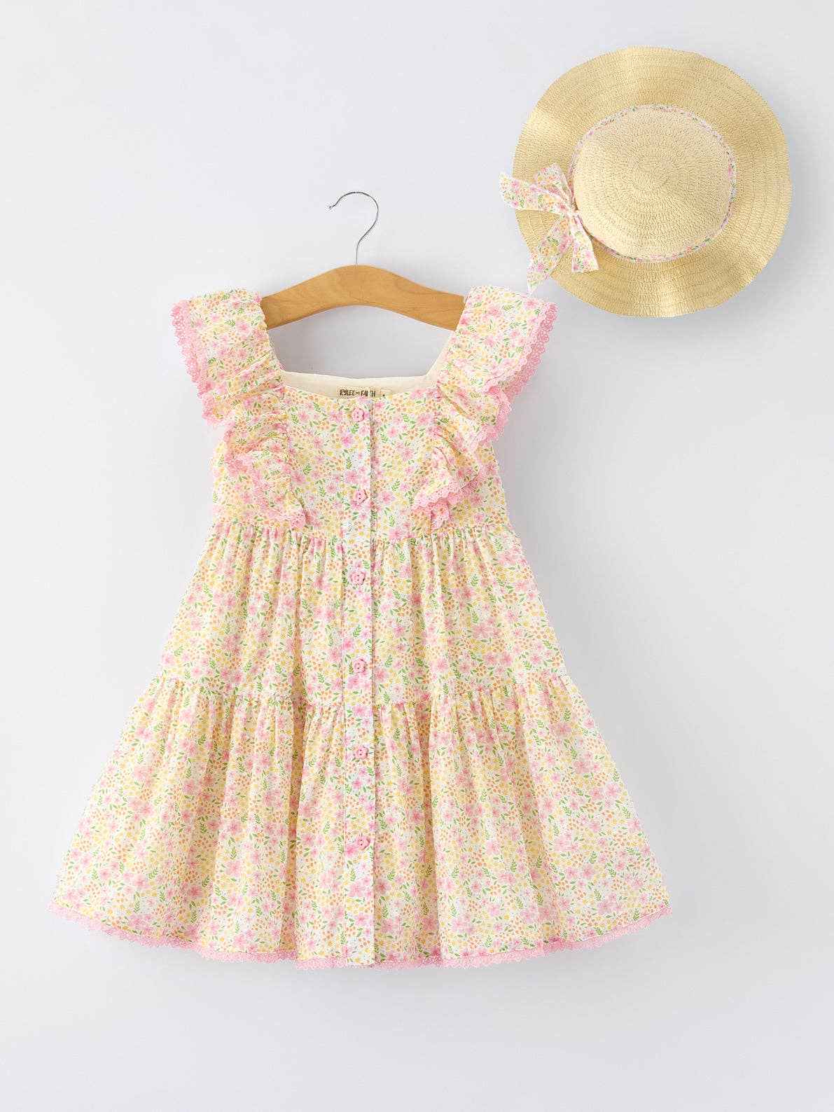 Spring Floral Girls Ruffle Dress With Bow Straw Hat Set: 2 - Image 6