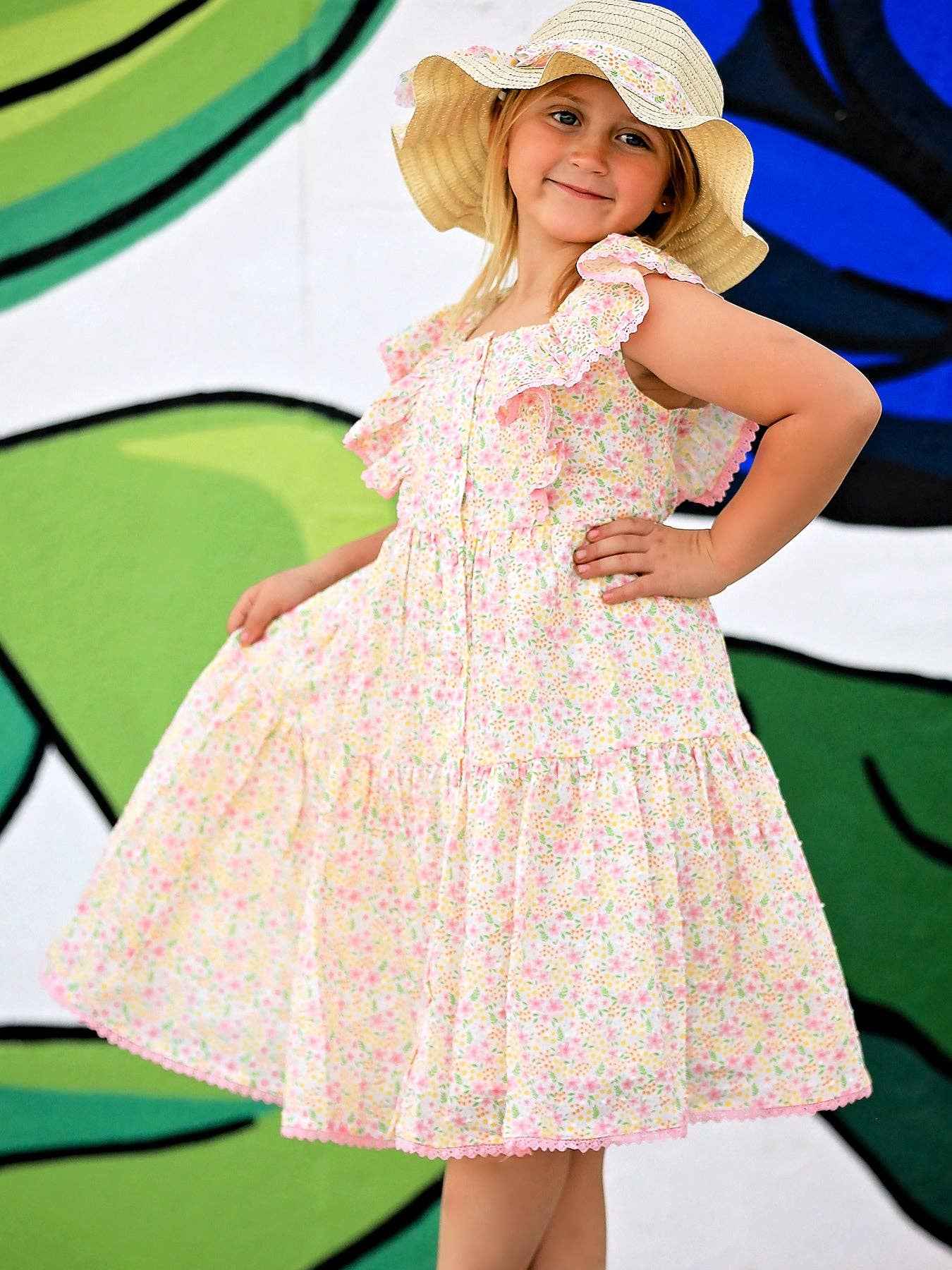 Spring Floral Girls Ruffle Dress With Bow Straw Hat Set: 6