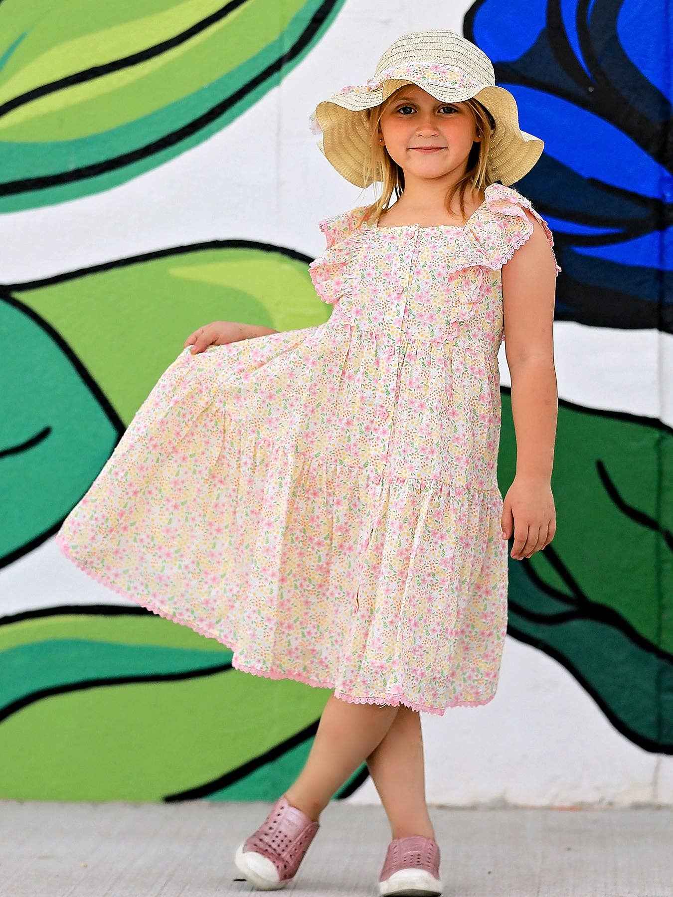 Spring Floral Girls Ruffle Dress With Bow Straw Hat Set: 6 - Image 2