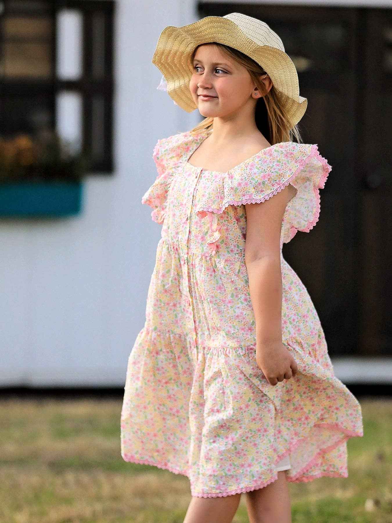 Spring Floral Girls Ruffle Dress With Bow Straw Hat Set: 6 - Image 3