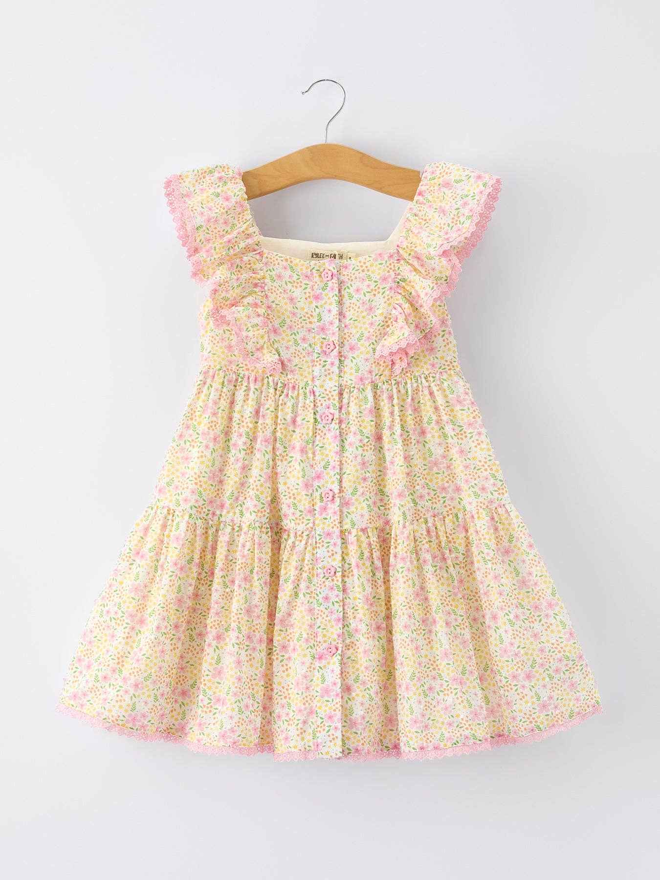 Spring Floral Girls Ruffle Dress With Bow Straw Hat Set: 6 - Image 7
