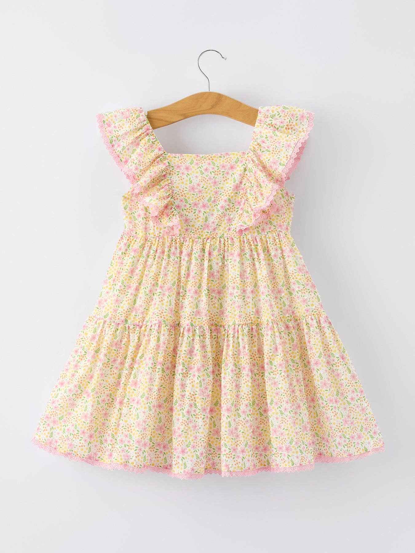 Spring Floral Girls Ruffle Dress With Bow Straw Hat Set: 6 - Image 8