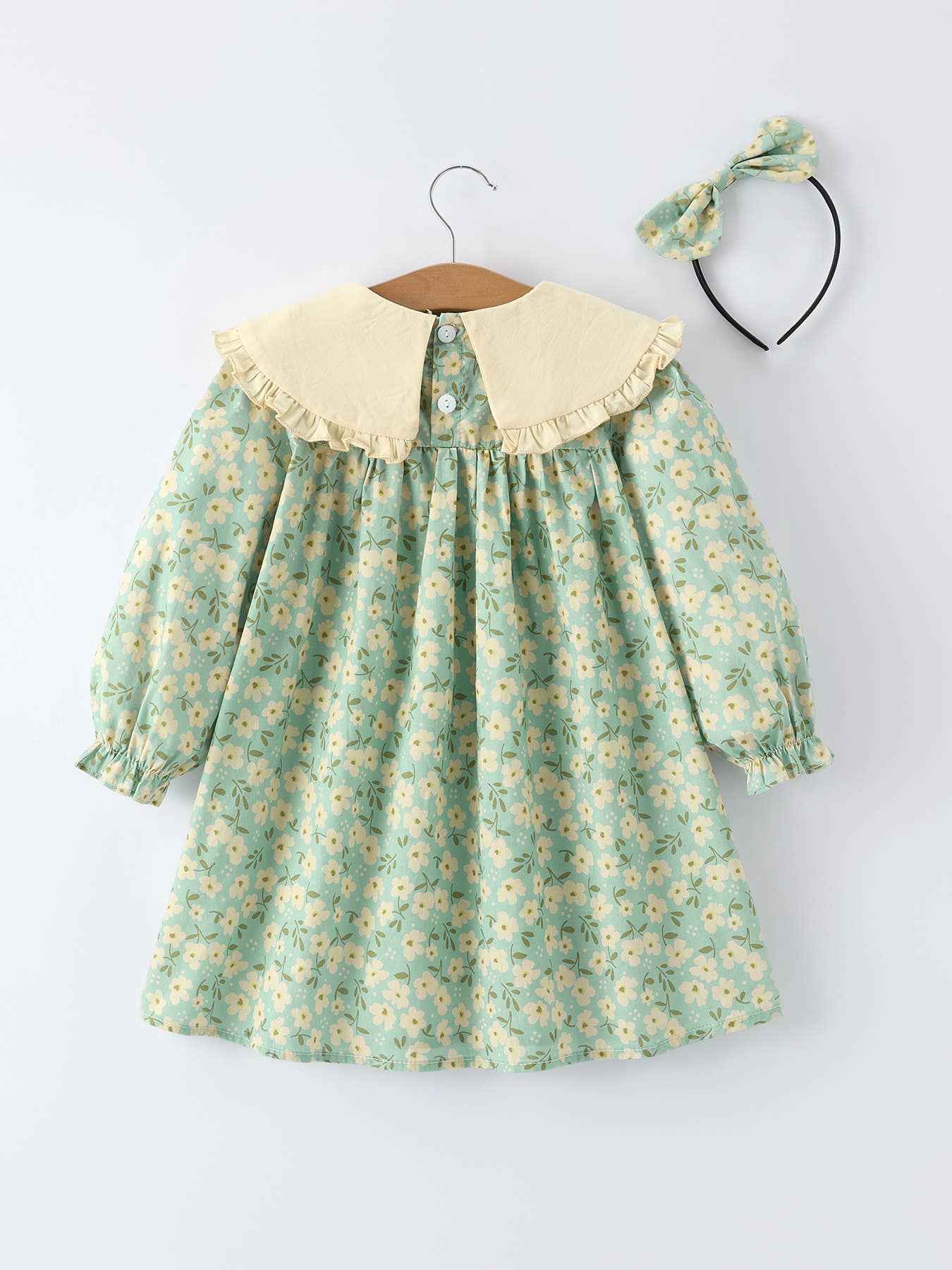Spring Floral Print Long-Sleeved Dress & Matching Headband: 7 - Image 2