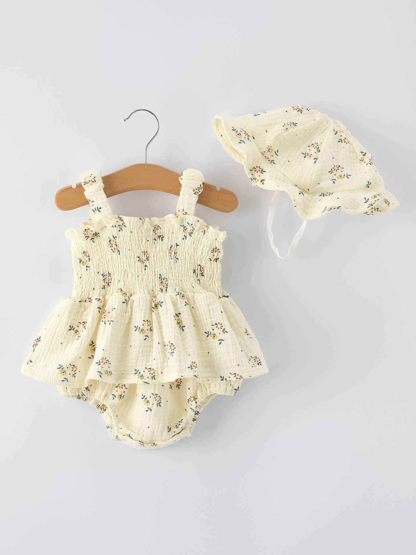 Spring Floral Smocked Ruffle Romper and Hat Set