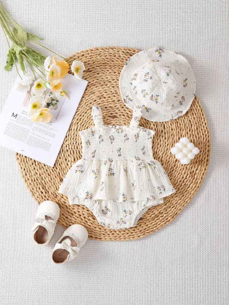 Spring Floral Smocked Ruffle Romper and Hat Set - Image 6