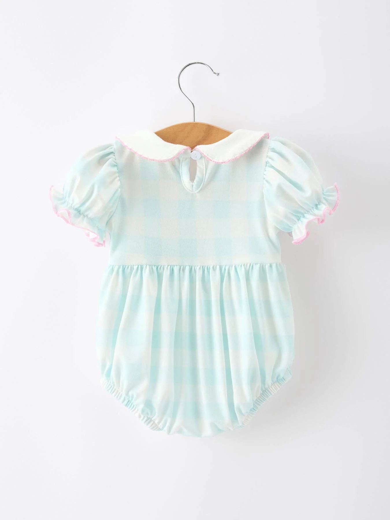 Plaid Bow Girls Romper Smocked Petals Collar Puff Sleeve - Image 2