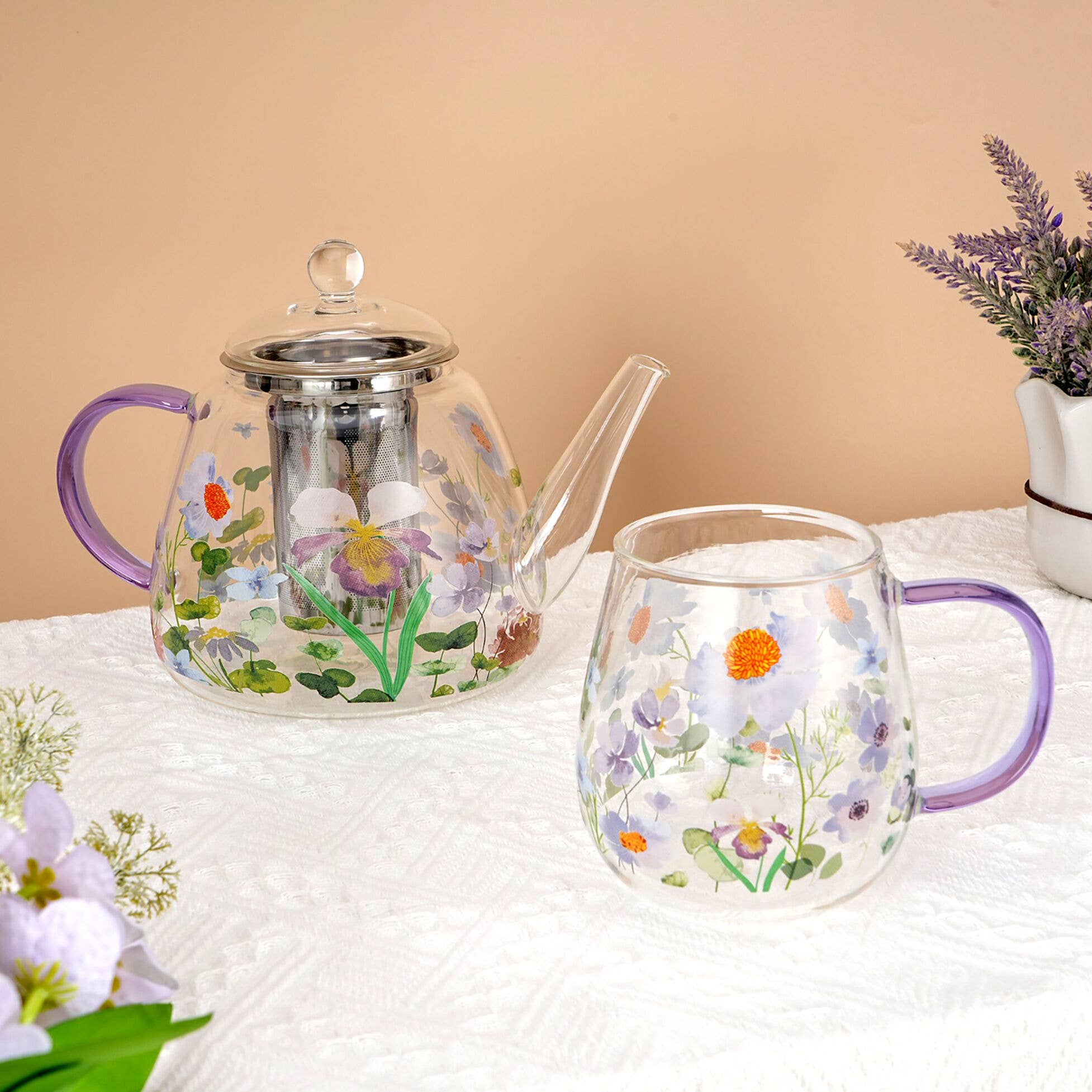 Floral Glass Teapot with Infuser 44 fl oz (1300ml) - Image 3