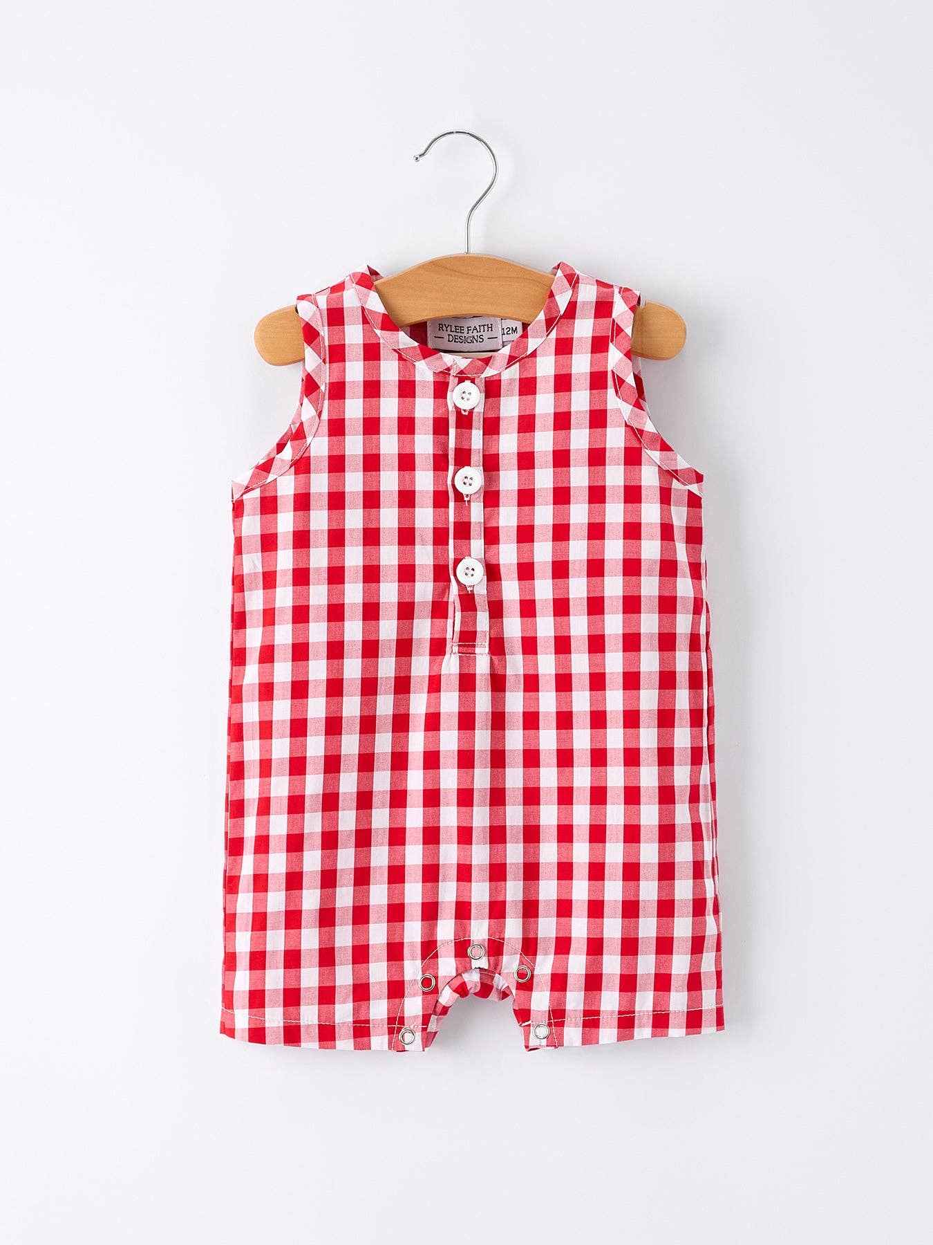 Summer Plaid Smocked Ruffle Boys Romper Sibling Outfits - Image 2