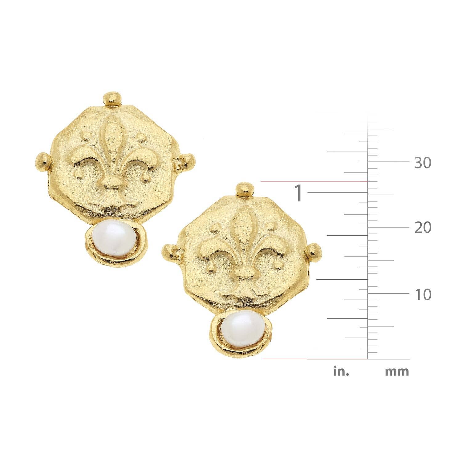 Susan Shaw - Gold Fleur De Lis Intaglio and Hand Set Genuine Freshwater Pearl Earrings - Image 2
