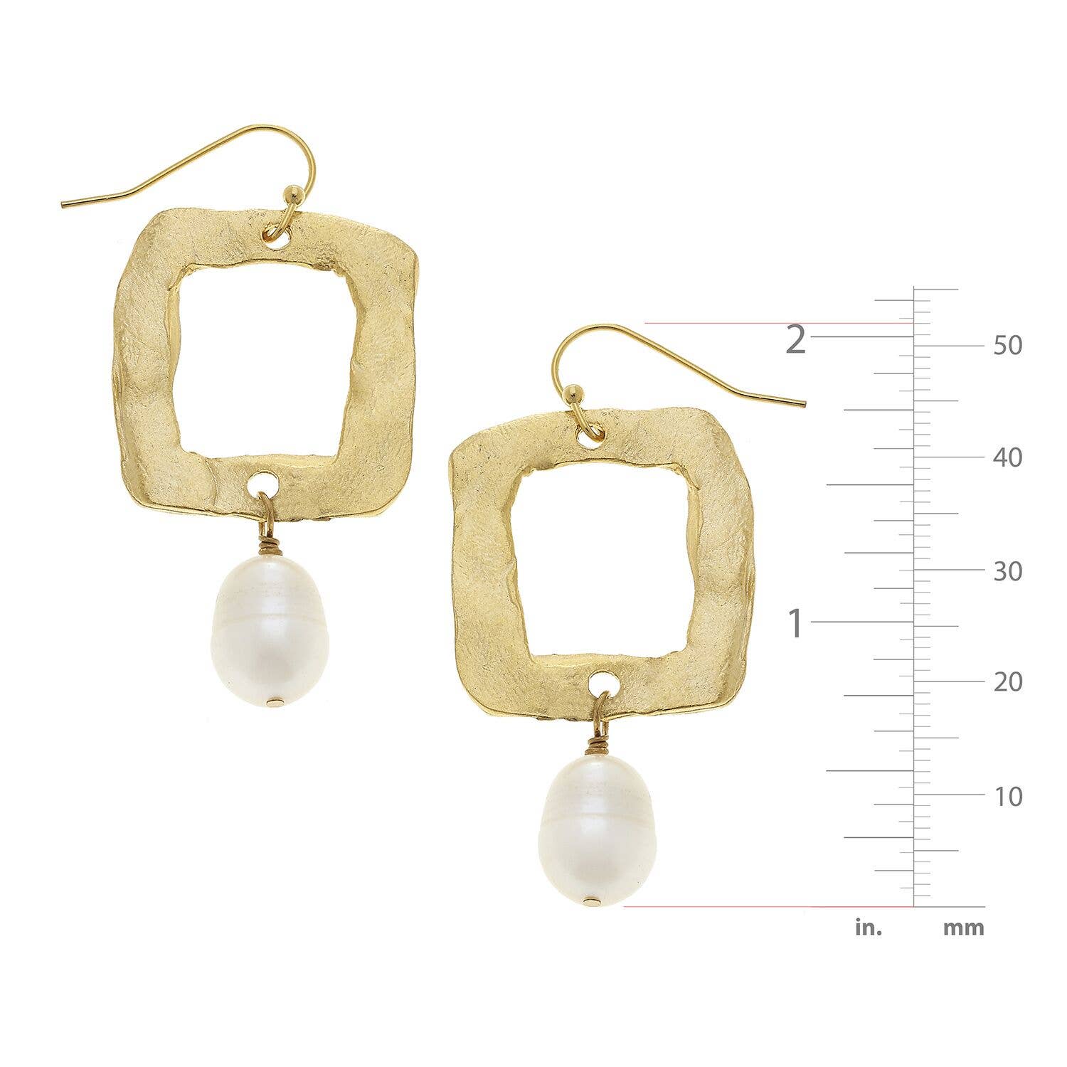 Gold Open Square and Genuine Freshwater Pearl Earrings - Image 2