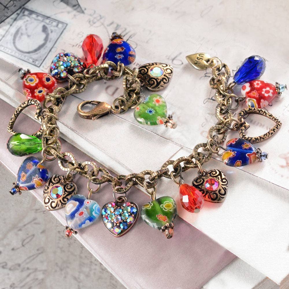 Millefiori Glass Hearts Charm Bracelet BR583