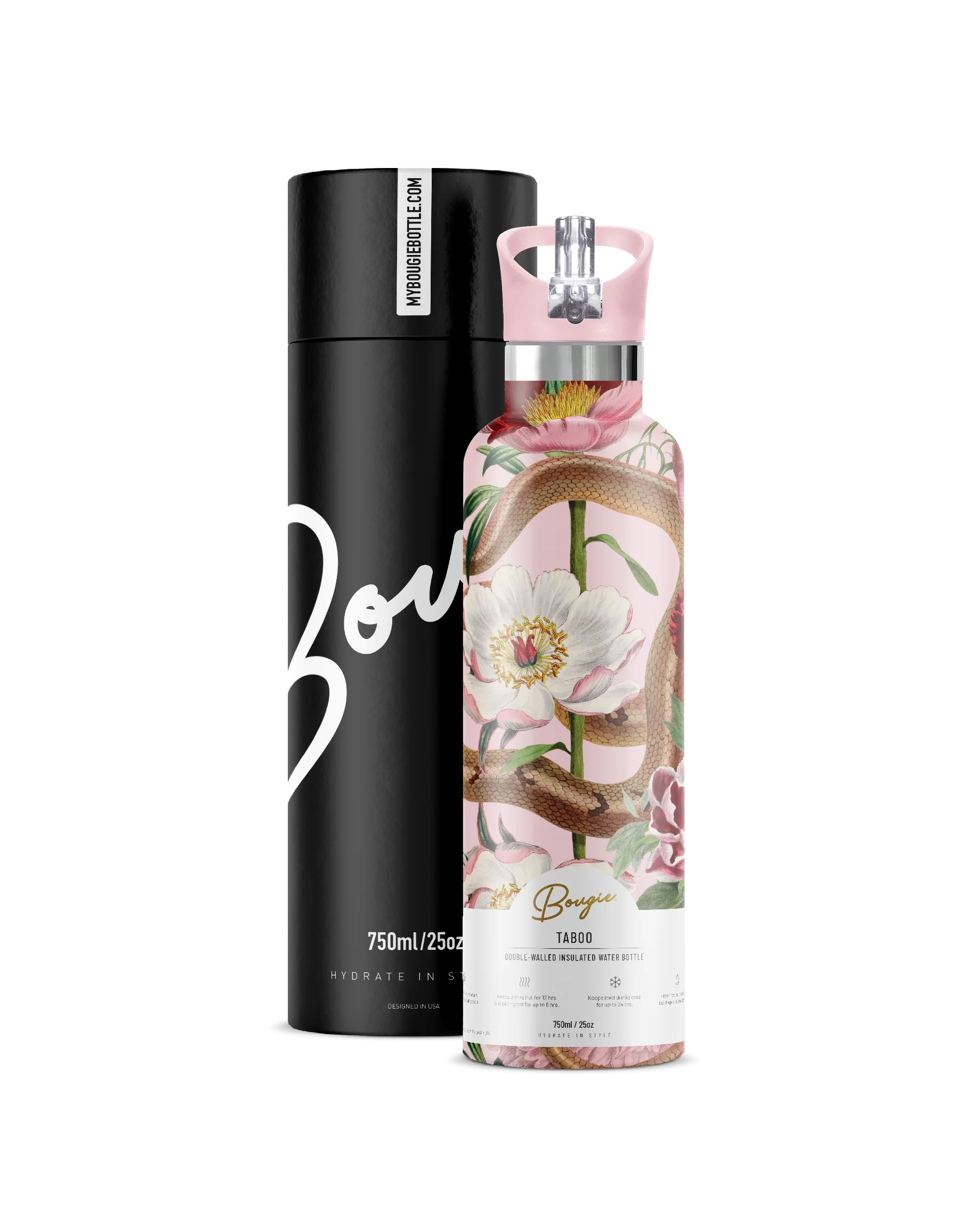 Taboo | Serpent & Flower Tattoo Insulated Water Bottle 25oz - Image 3