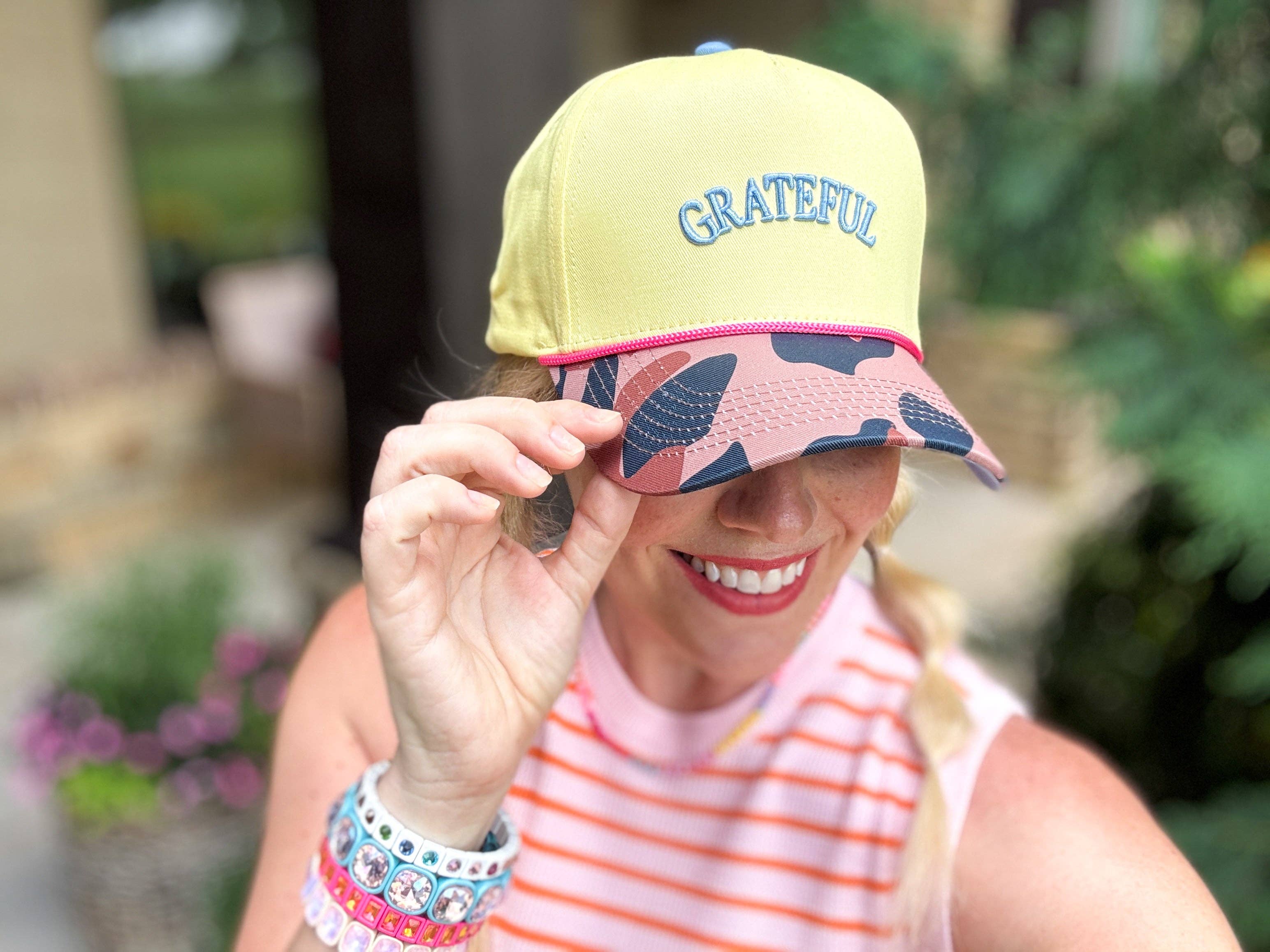 Taylor Elliott Designs - Embroidered Baseball Cap - "Grateful" - Yellow + Camouflage - Image 2