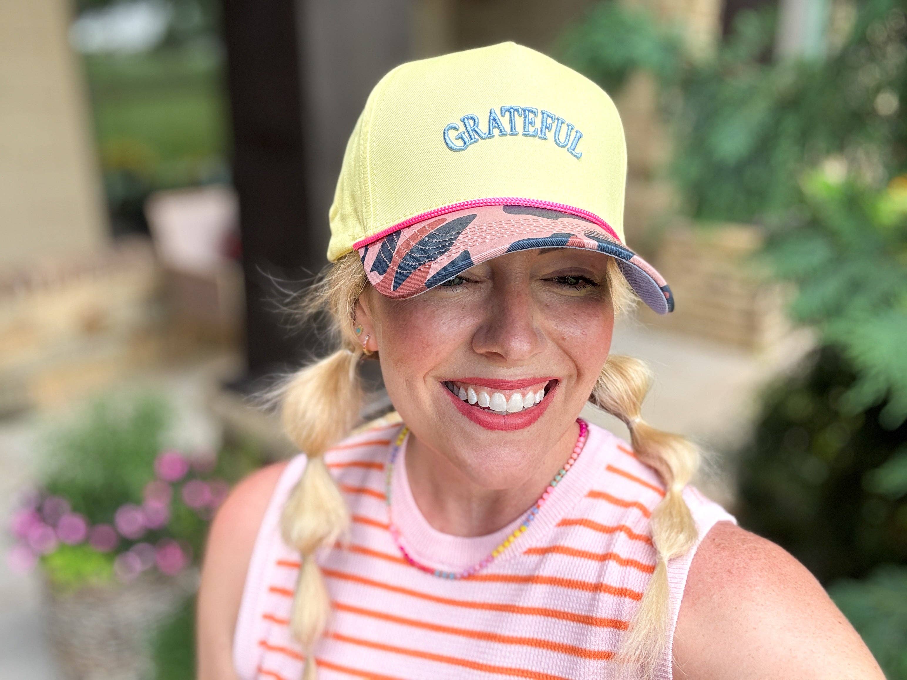 Taylor Elliott Designs - Embroidered Baseball Cap - "Grateful" - Yellow + Camouflage - Image 3