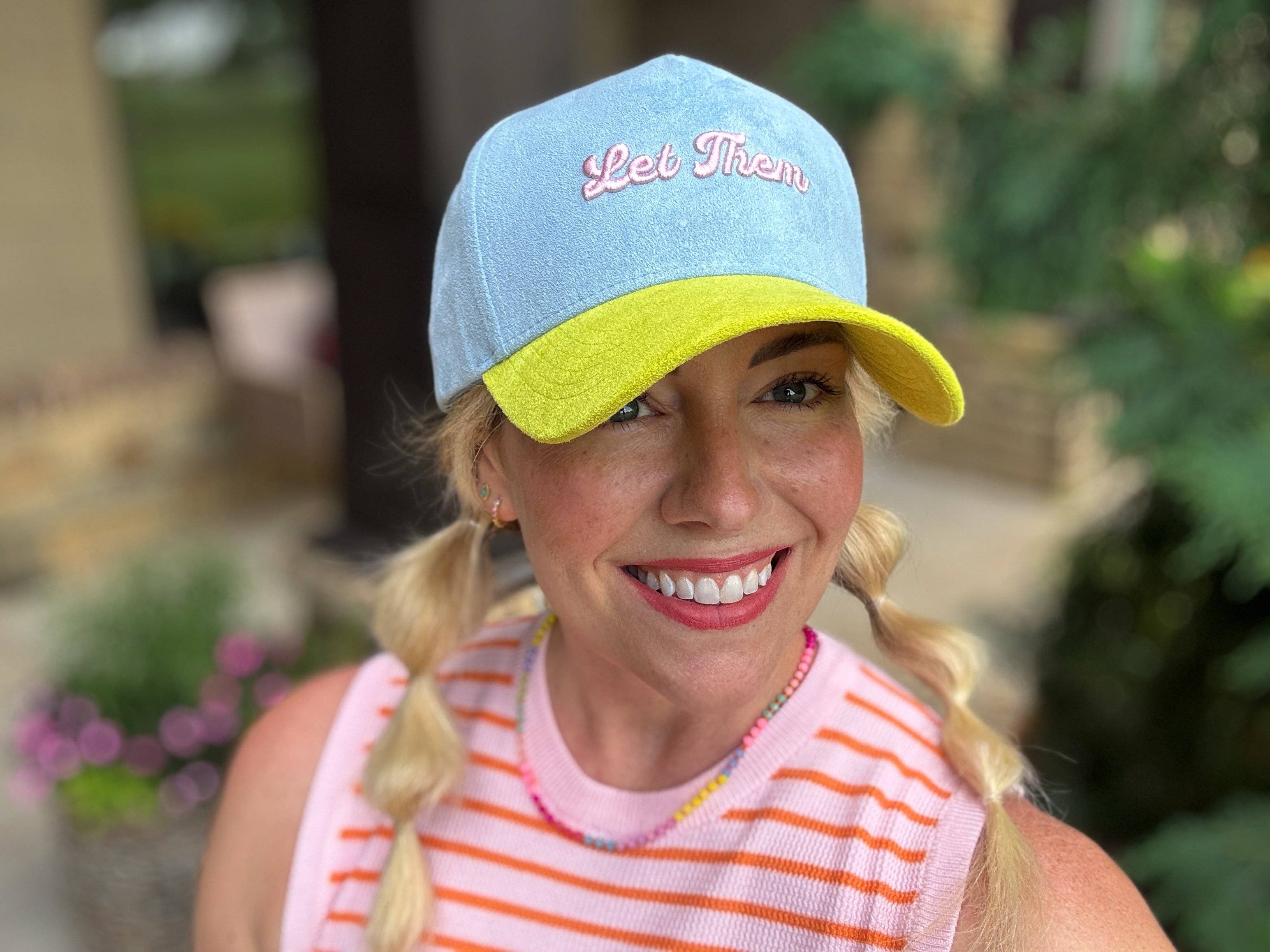 Taylor Elliott Designs - Embroidered Baseball Cap - "Let Them" - Blue + Yellow Suede - Image 2