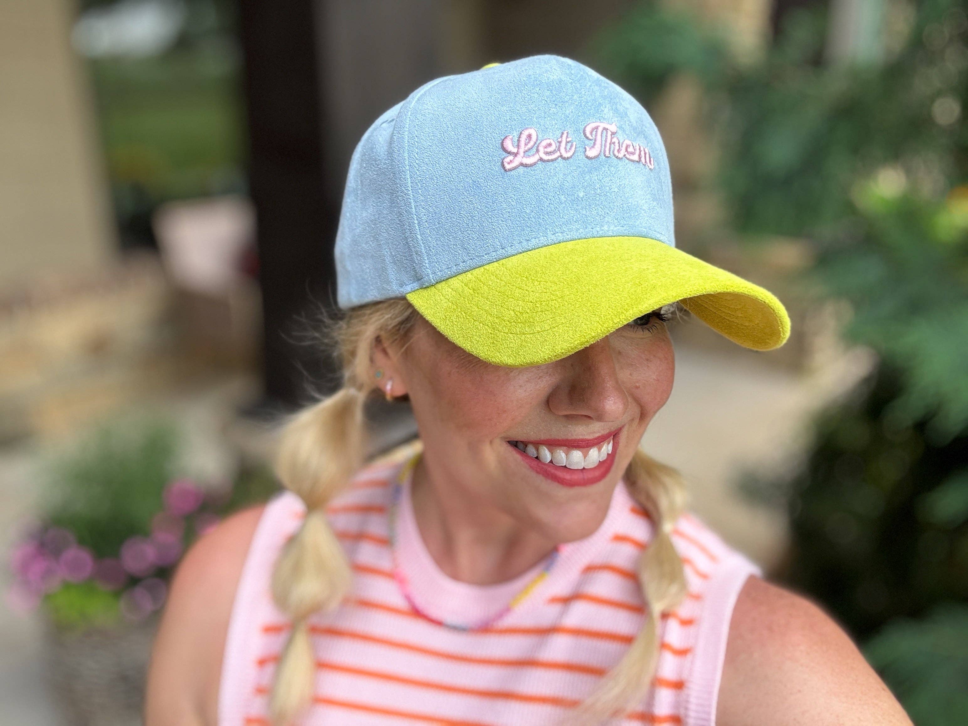 Taylor Elliott Designs - Embroidered Baseball Cap - "Let Them" - Blue + Yellow Suede - Image 3