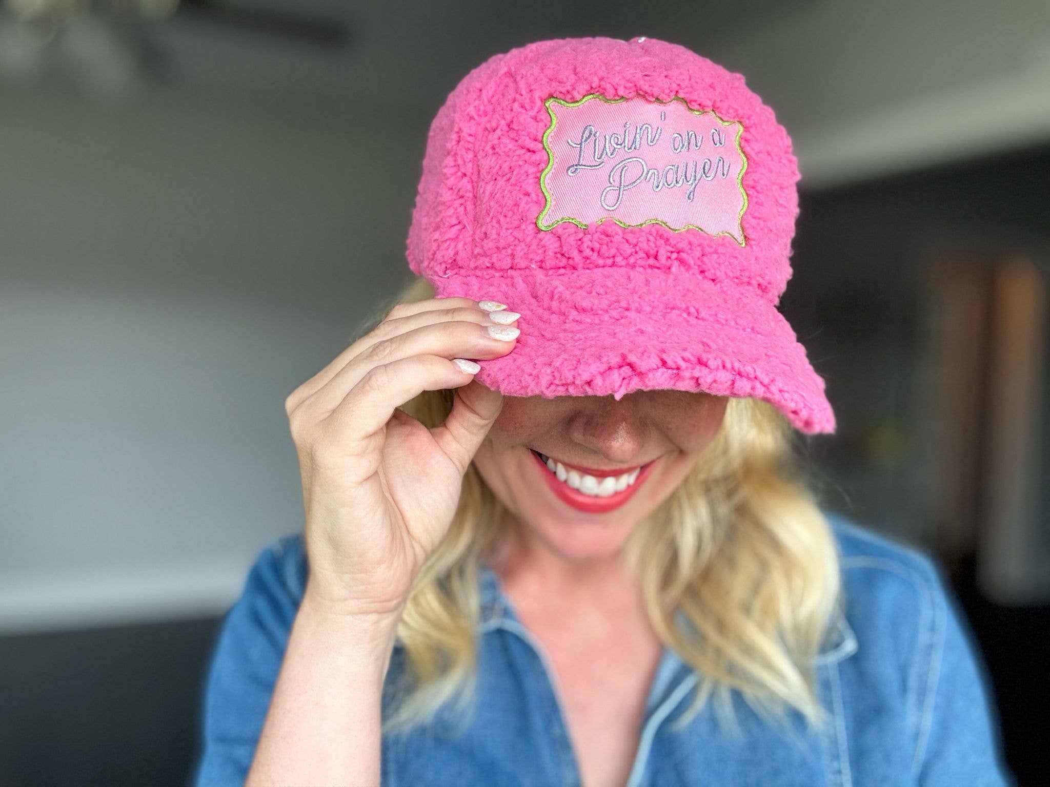 Taylor Elliott Designs - Embroidered Baseball Cap - "Livin' on a Prayer" -Pink Sherpa