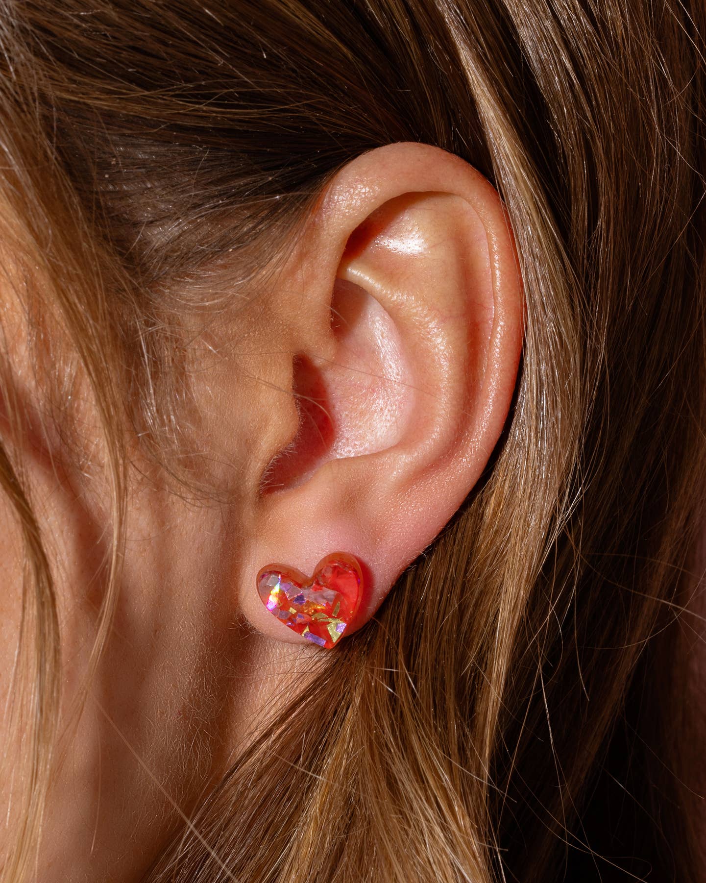 Stud Earrings - Acrylic Hearts - Red + Pink Confetti - Image 2