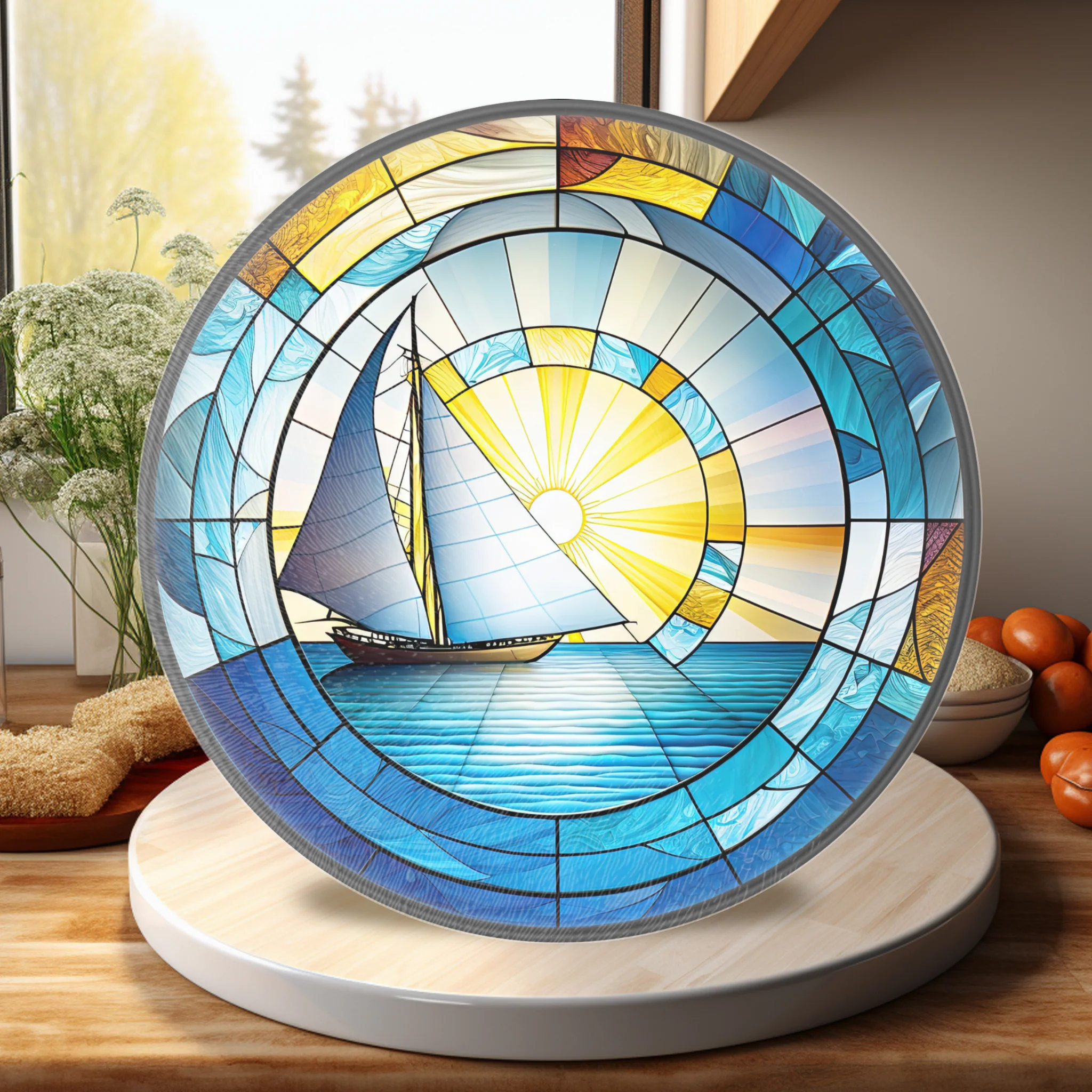Tempered Glass Cutting Board: Sailboat Nautical Serving Tray: 12 - Inch - Image 3