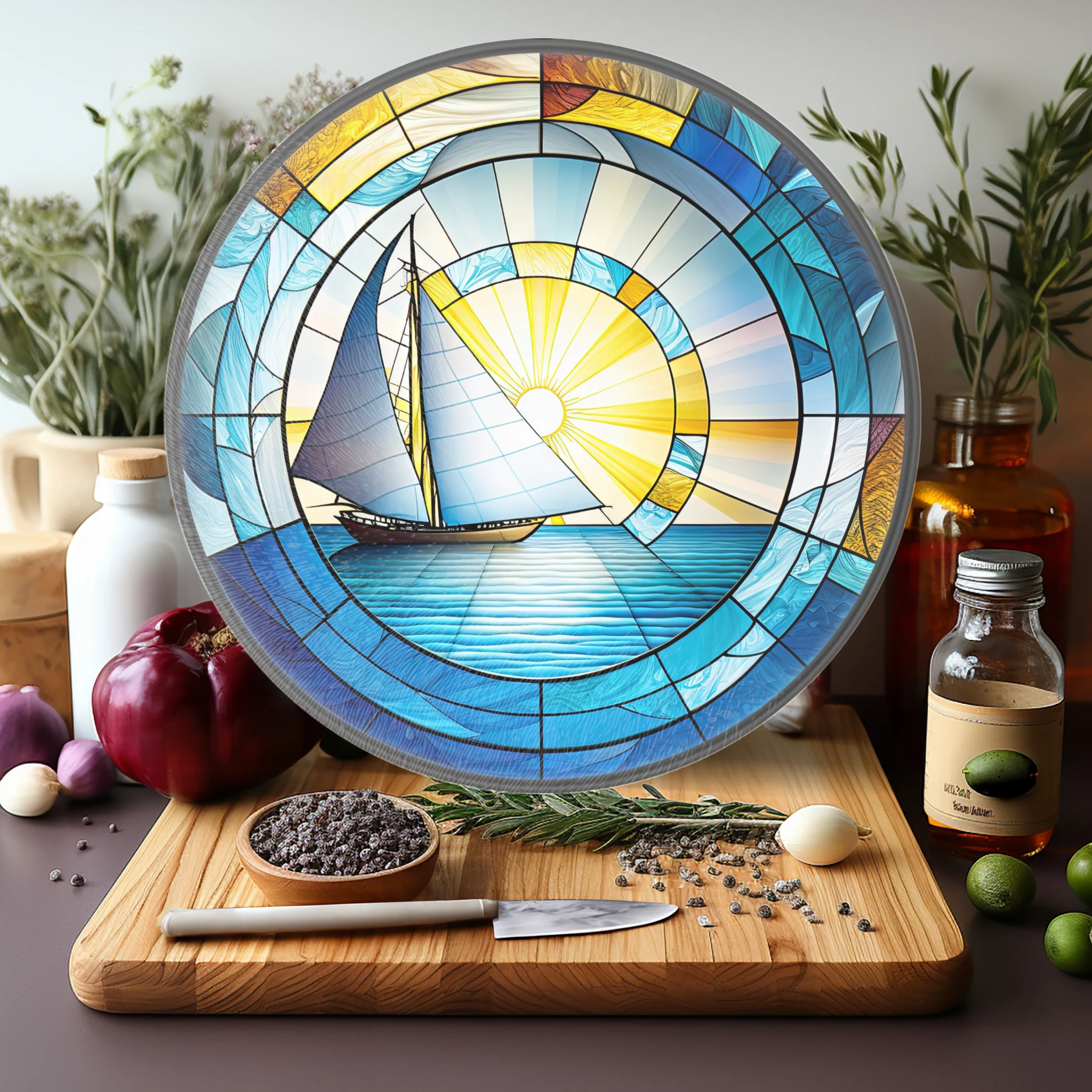 Tempered Glass Cutting Board: Sailboat Nautical Serving Tray: 12 - Inch - Image 5
