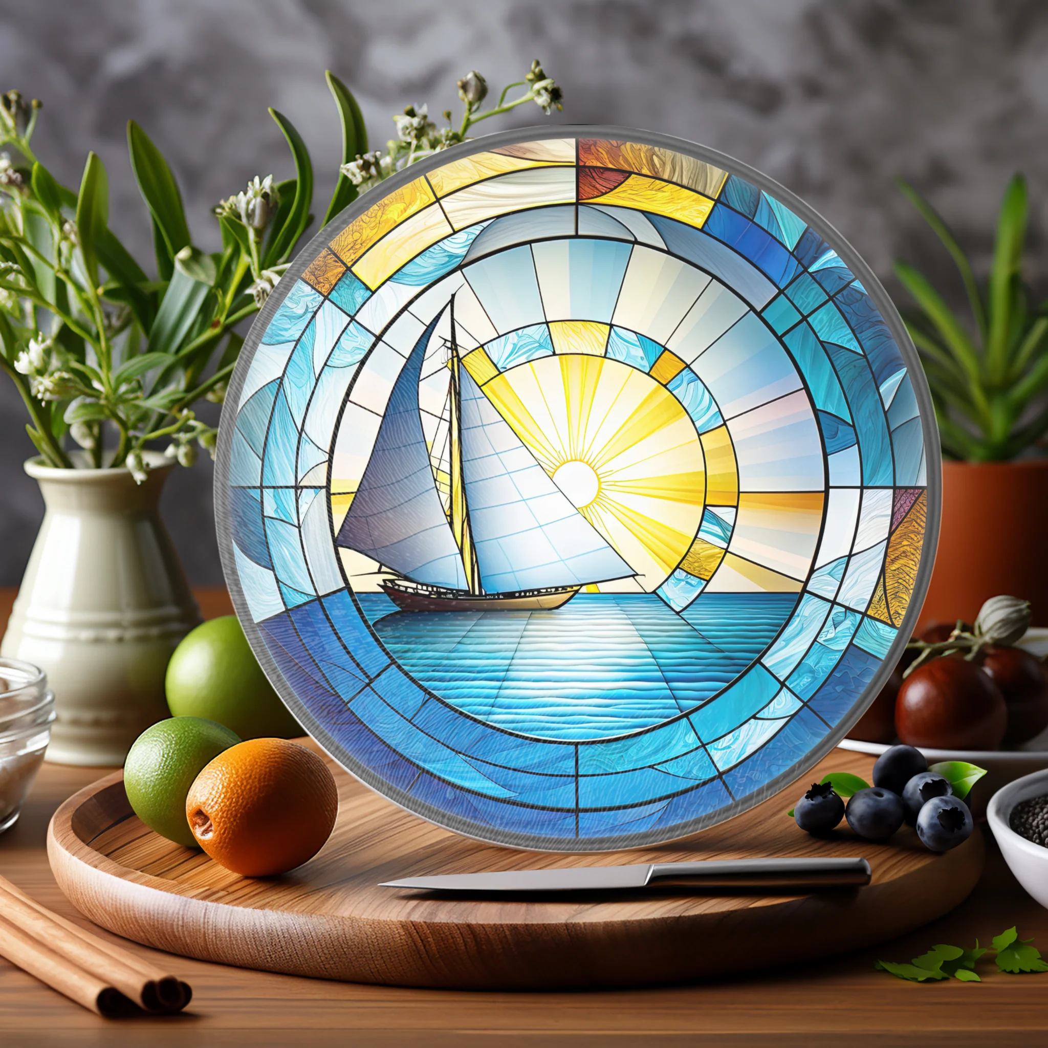 Tempered Glass Cutting Board: Sailboat Nautical Serving Tray: 12 - Inch - Image 6