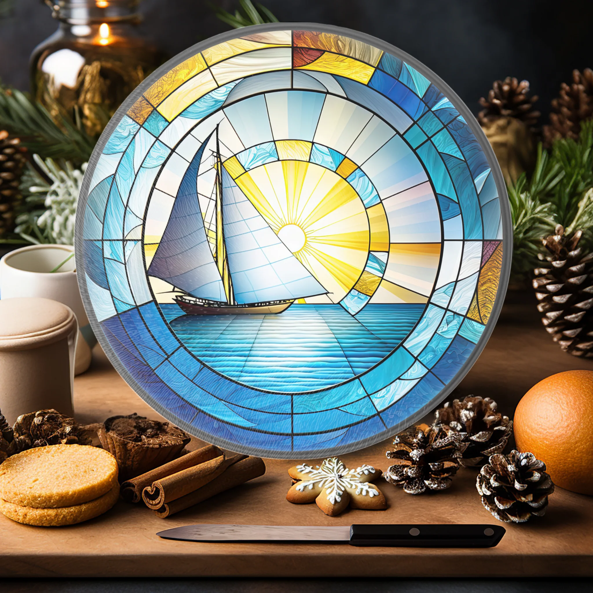 Tempered Glass Cutting Board: Sailboat Nautical Serving Tray: 12 - Inch - Image 7