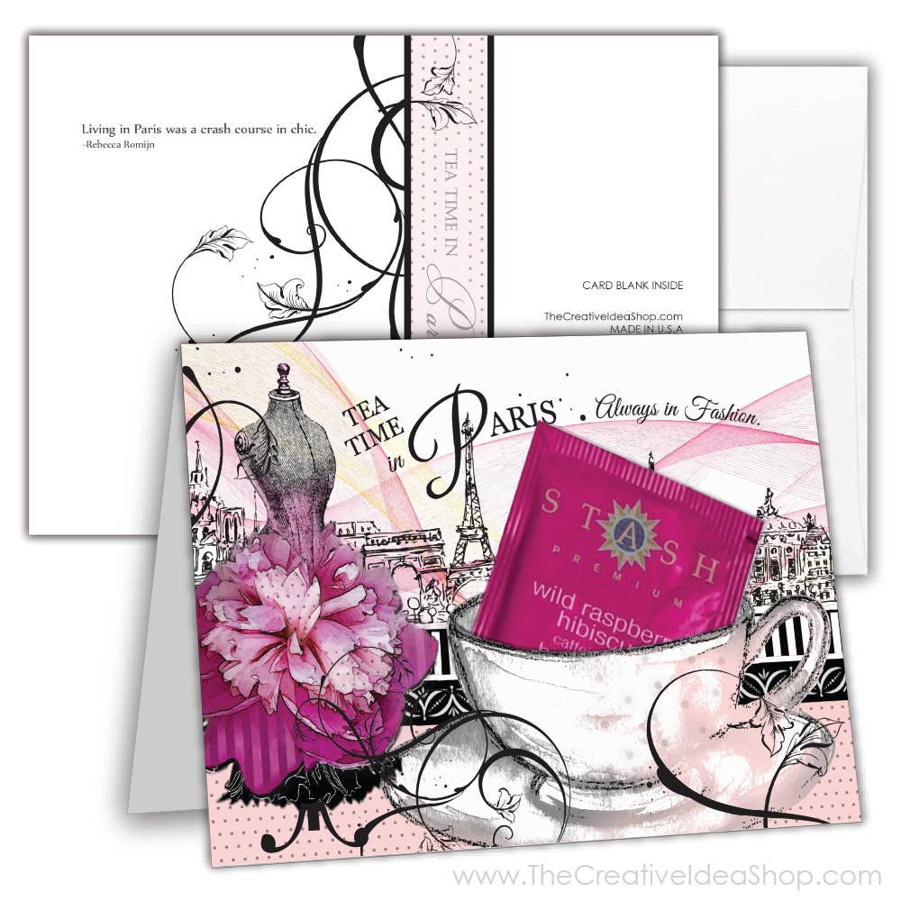 TEA GREETING Card w. REAL TEA BAG - Paris Always in Fashion