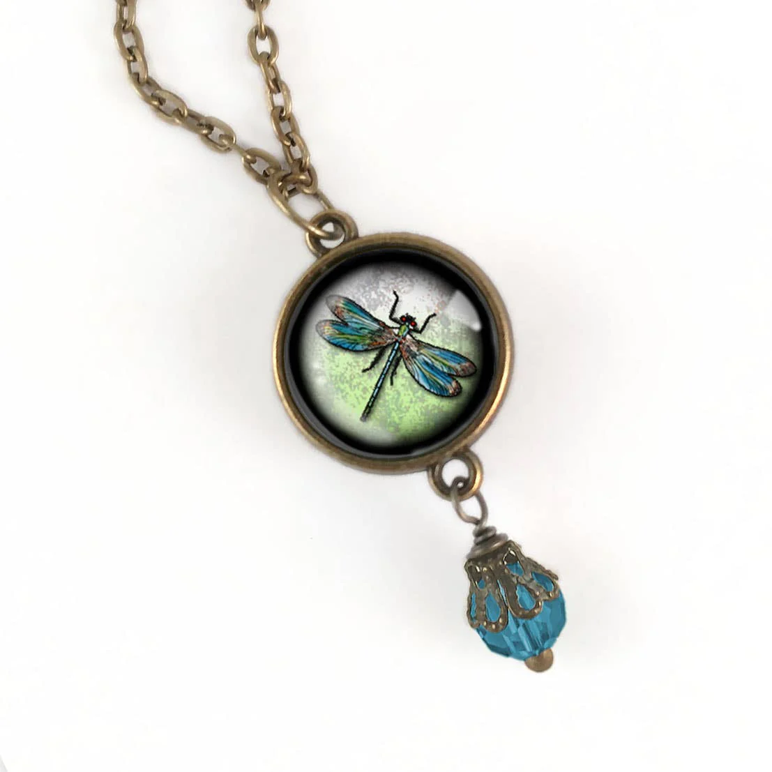 Dragonfly Vintage Inspired Glass Cabochon Necklace w/Bead - Image 2