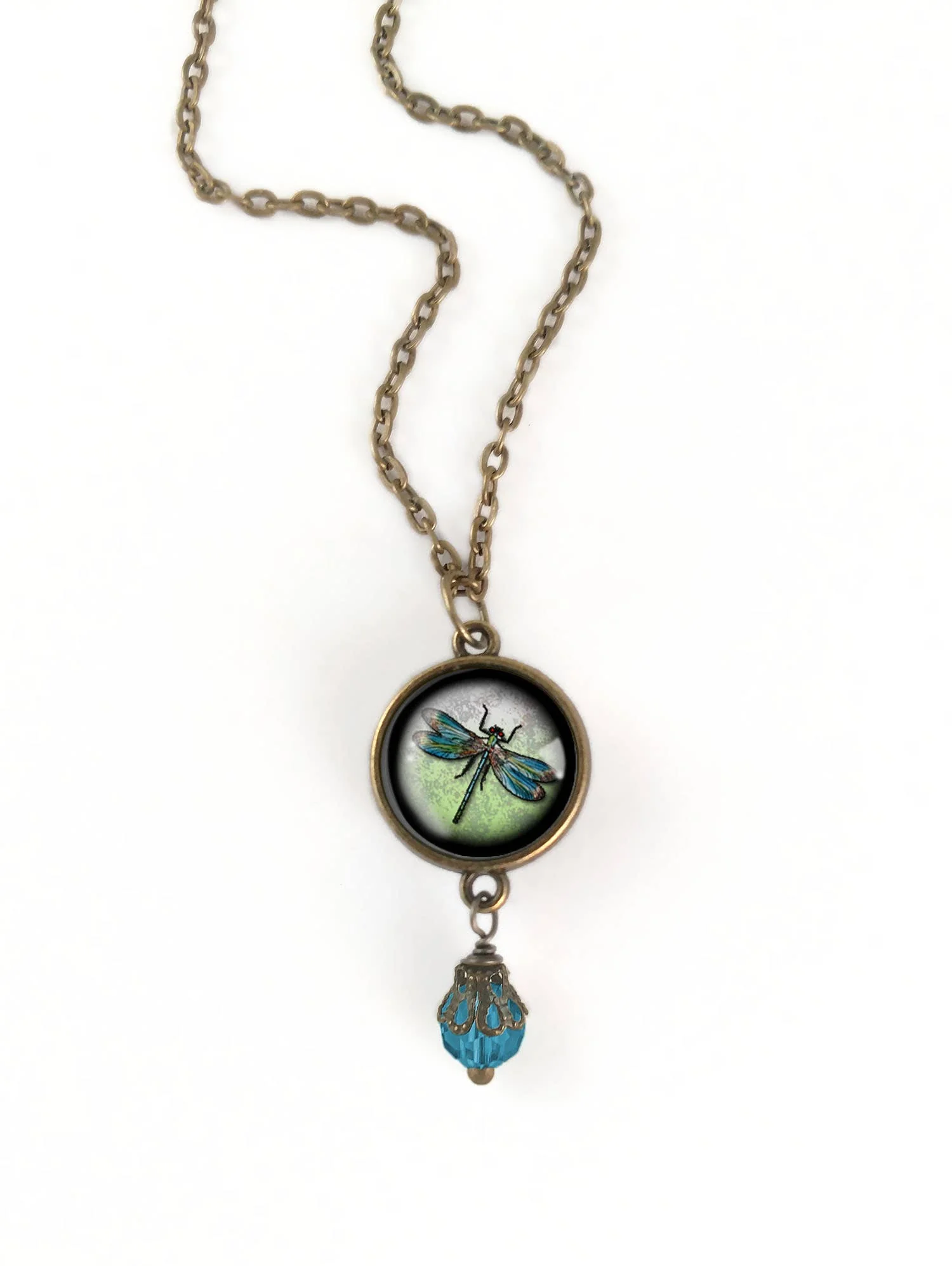 Dragonfly Vintage Inspired Glass Cabochon Necklace w/Bead - Image 3