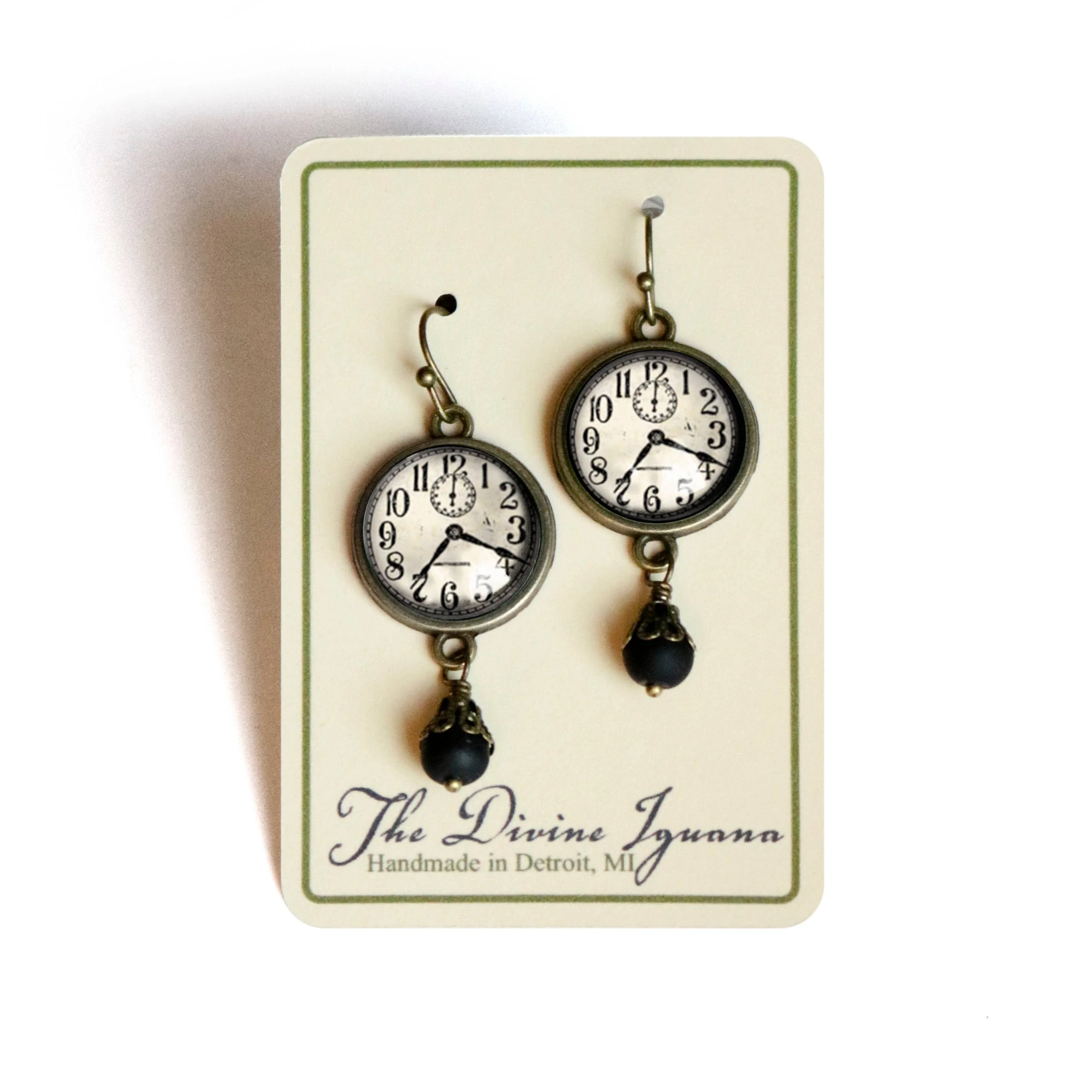 Edwardian Clock Steampunk Glass Cabochon and Bronze Earrings - Image 2
