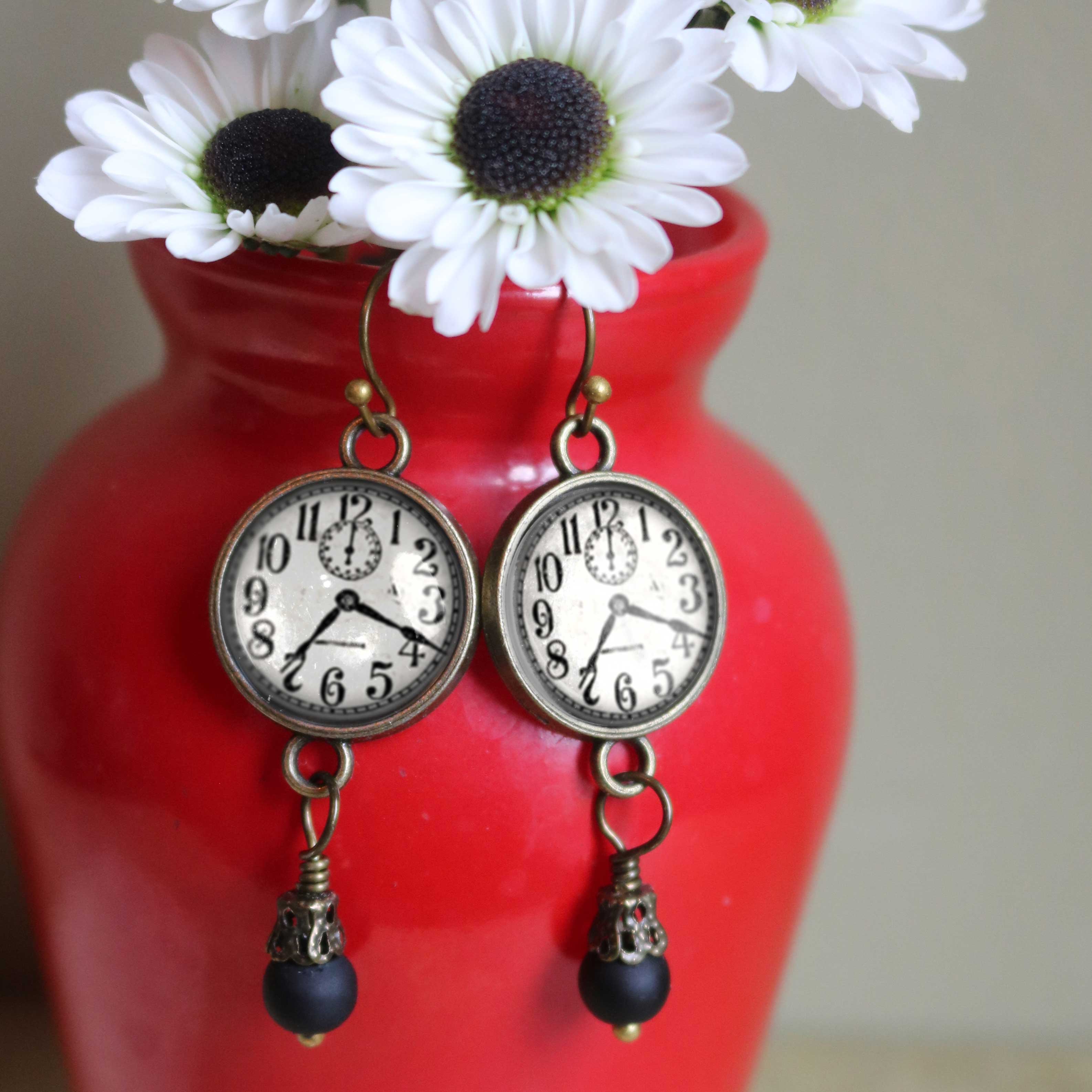 Edwardian Clock Steampunk Glass Cabochon and Bronze Earrings - Image 3
