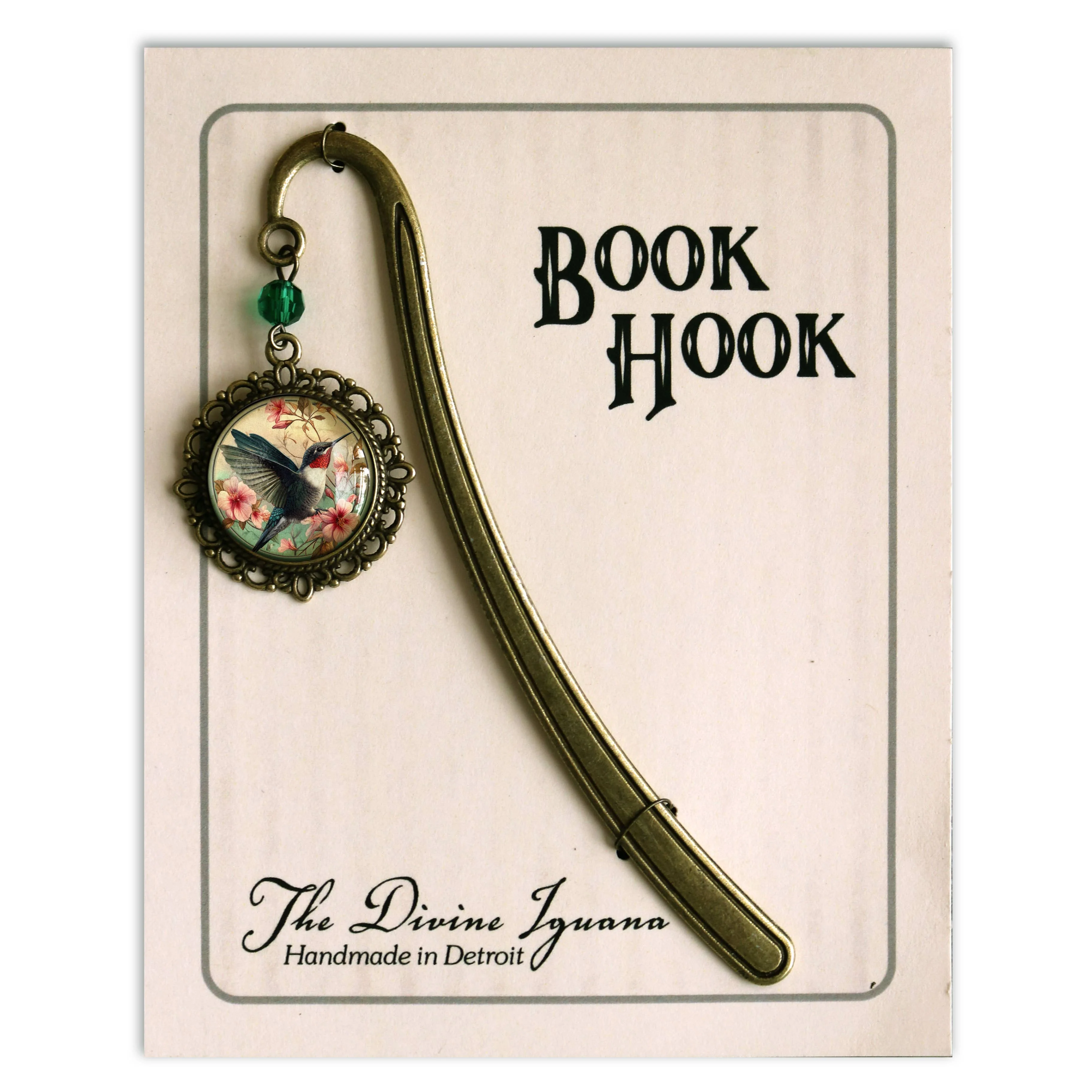 Hummingbird Art Nouveau Glass Cabochon Bronze Bookmark - Image 2